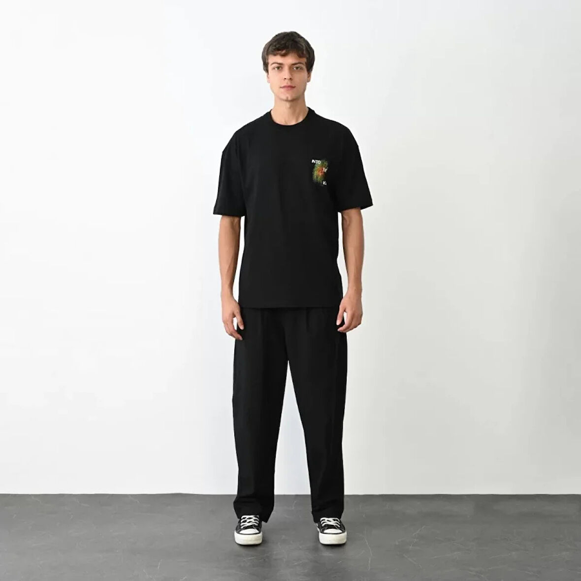 Unisex Bisiklet Yaka Baskılı Oversize Thirt  iyah