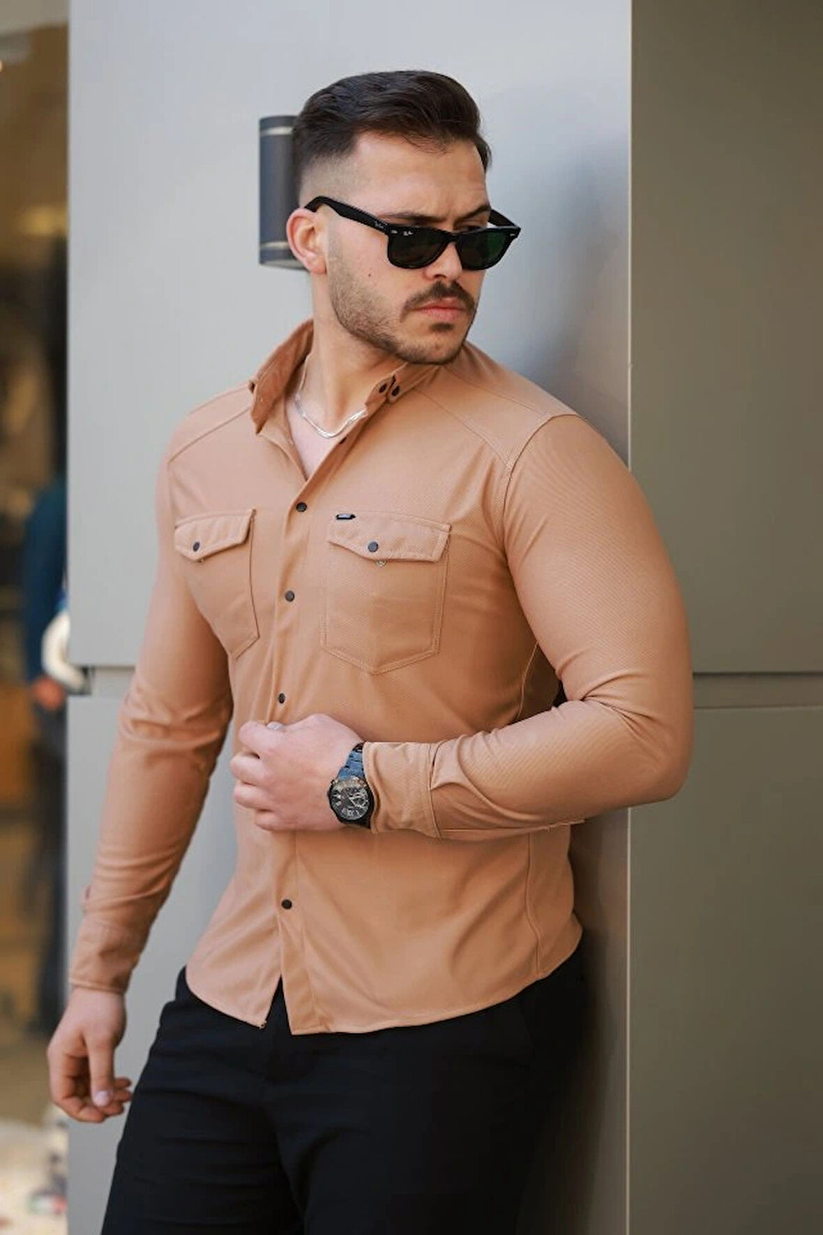 Erkek çift Cepli çıtçıt Düğmeli Uzun Kollu Gömlek