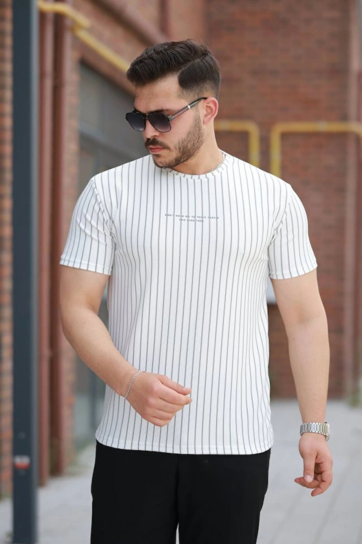 Erkek Dikey çizgili Ottoman Kumaş Kısa Kollu Tshirt