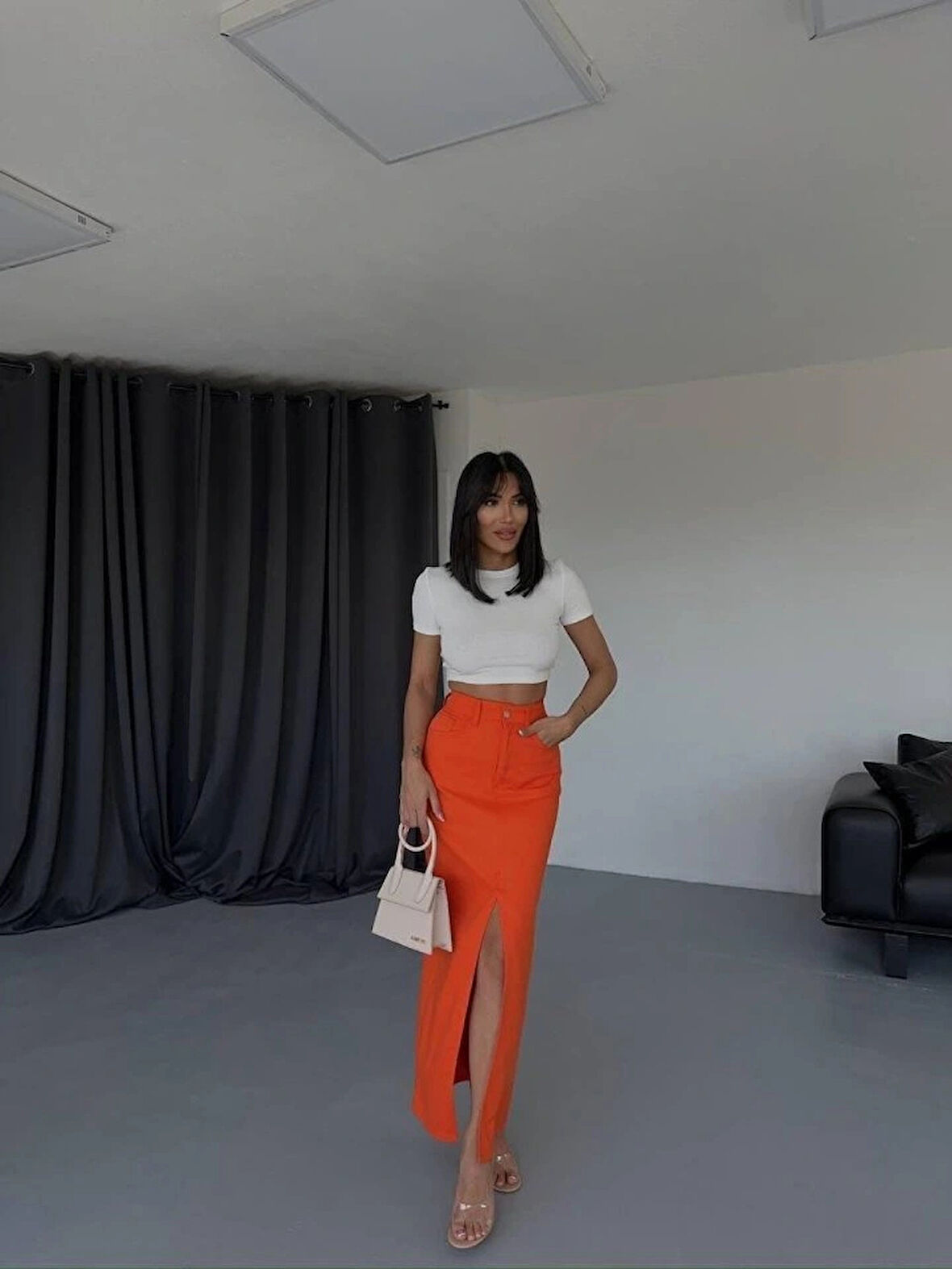 GABARDİN UZUN ÖNDEN YIRTAÇI ETEK  Turuncu