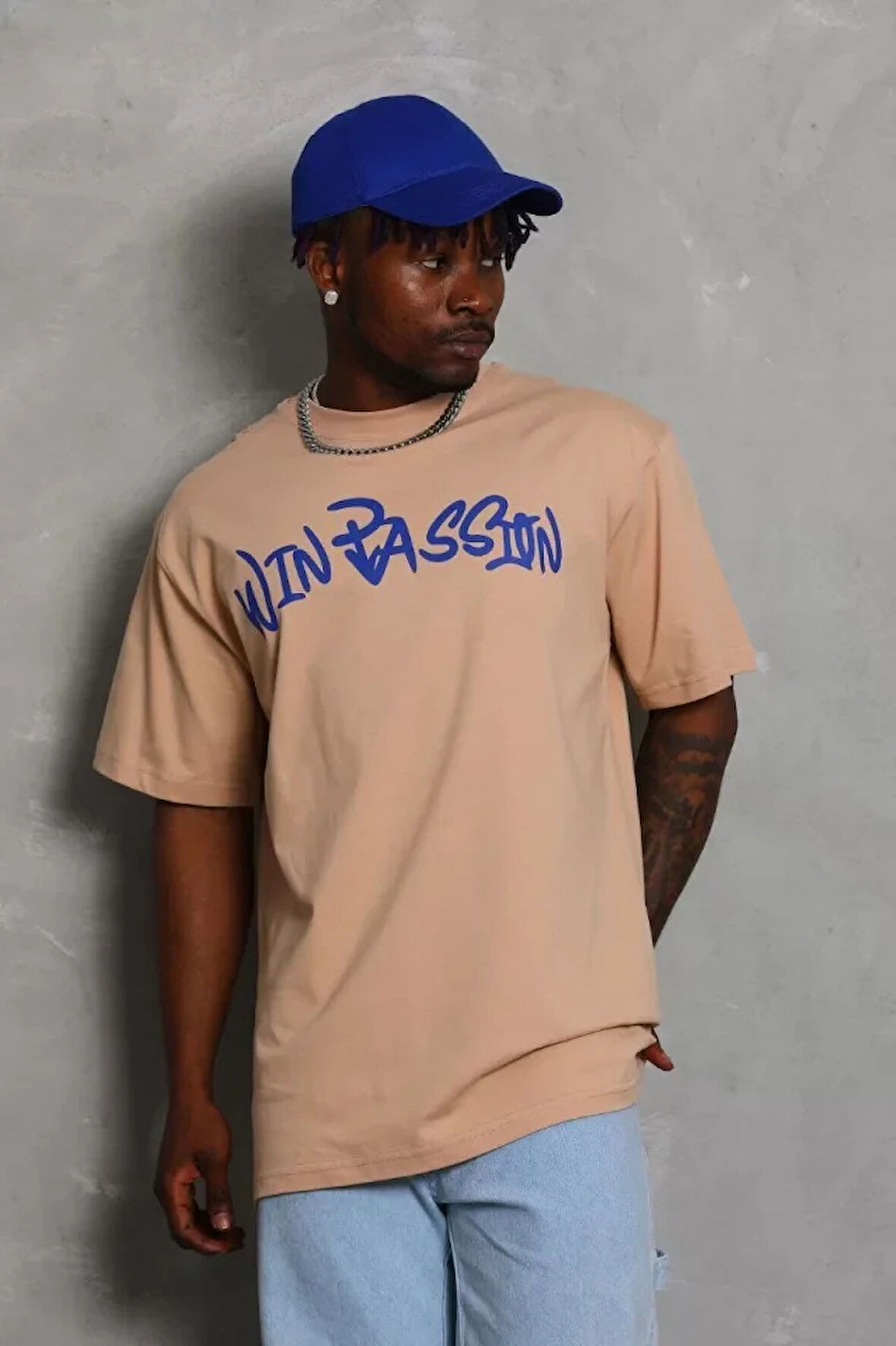 Unisex Oversize Baskılı Bisiklet Yaka Thirt  Bej