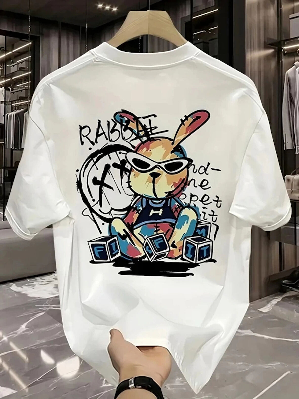 Baskılı Oversize Bisiklet Yaka Tshirt  Beyaz