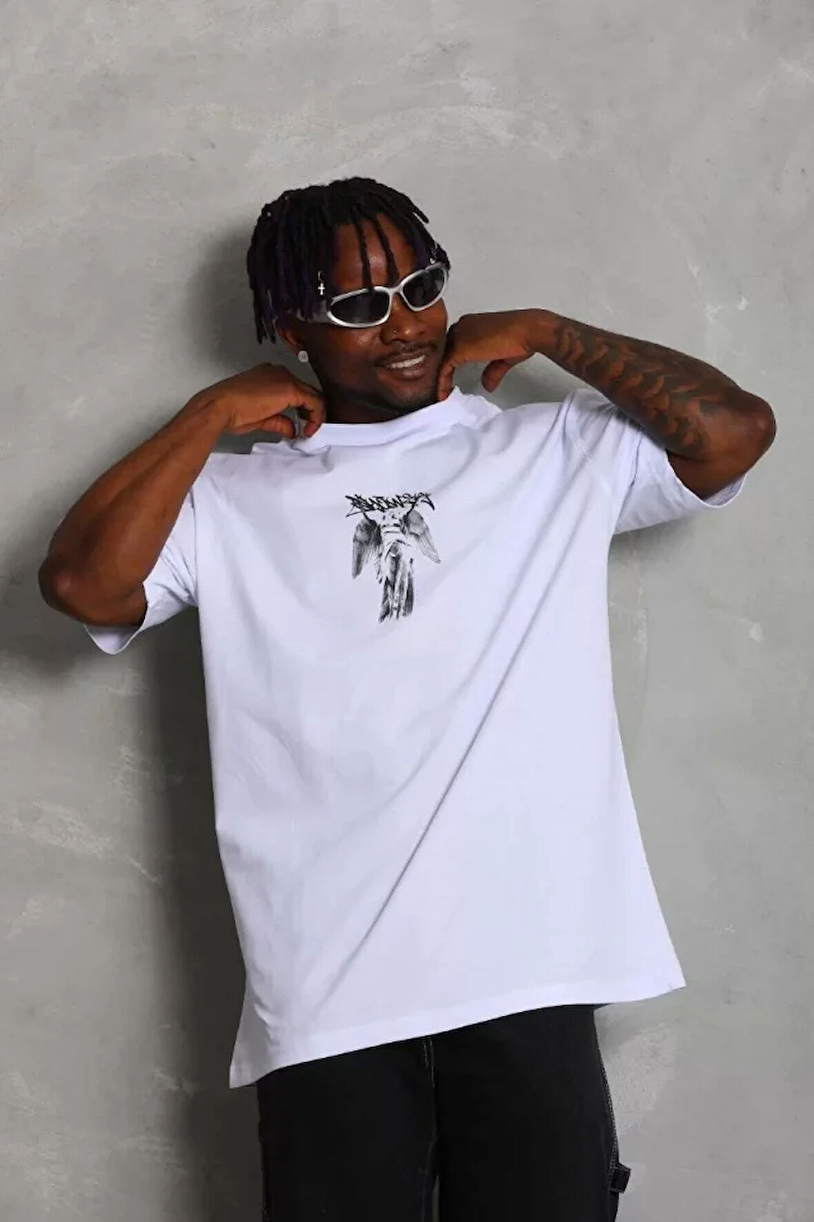 Unisex Oversize Baskılı Bisiklet Yaka Thirt  Beyaz