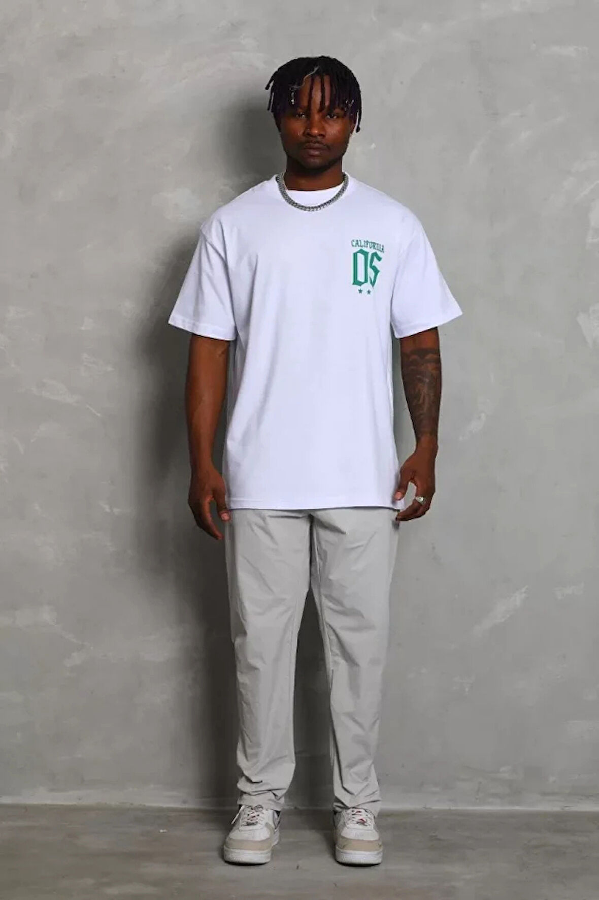 Unisex Oversize Baskılı Bisiklet Yaka Thirt  Beyaz