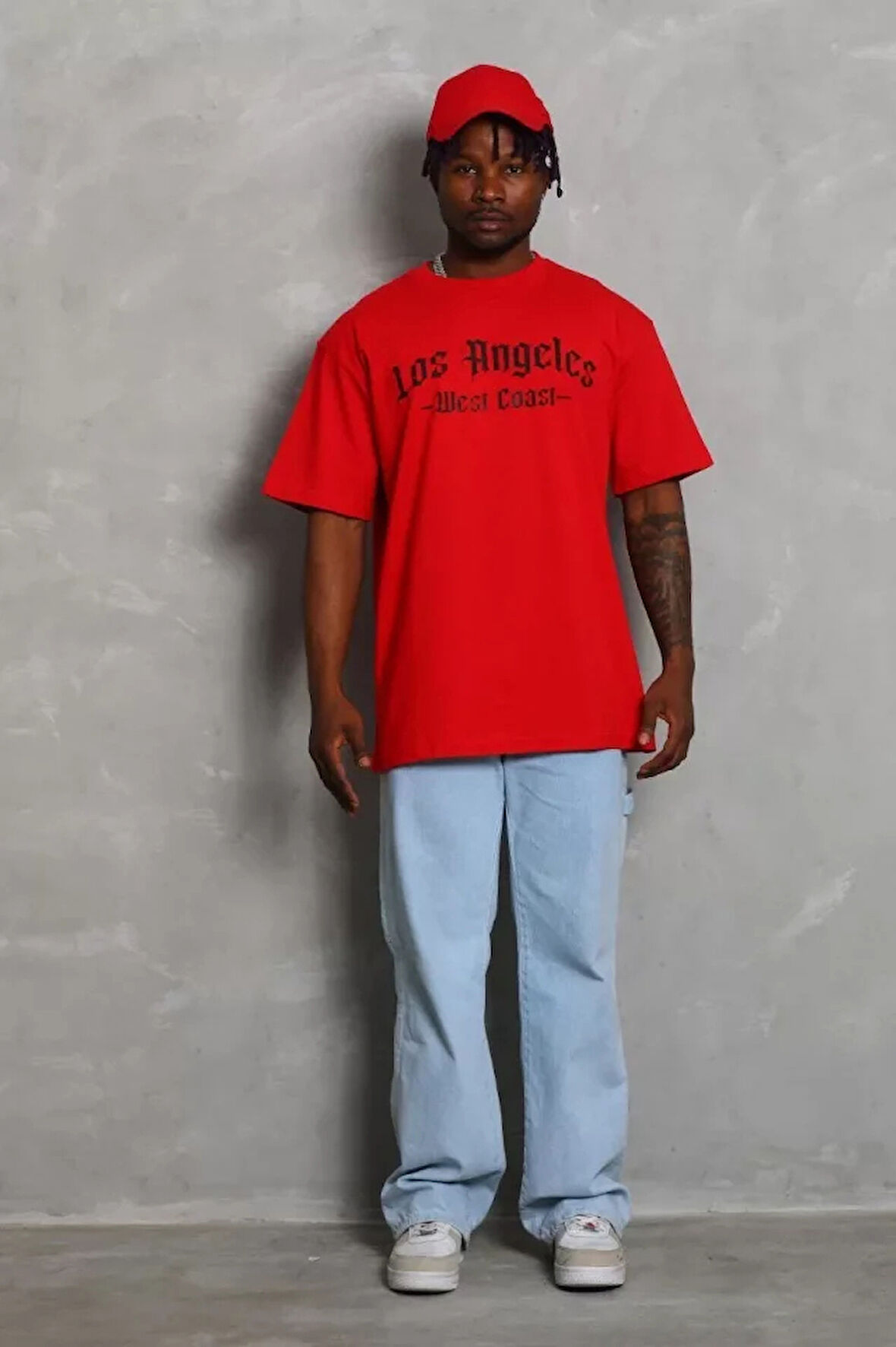 Unisex Oversize Baskılı Bisiklet Yaka Thirt  Kırmızı