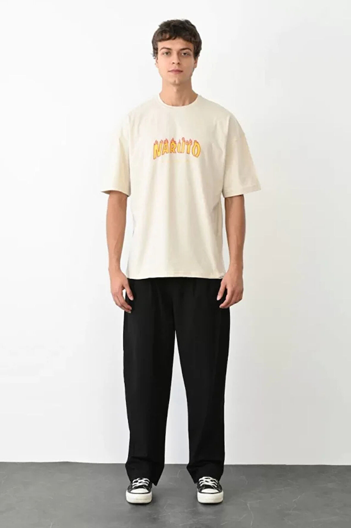 Unisex Bisiklet Yaka Baskılı Oversize Thirt  Beyaz