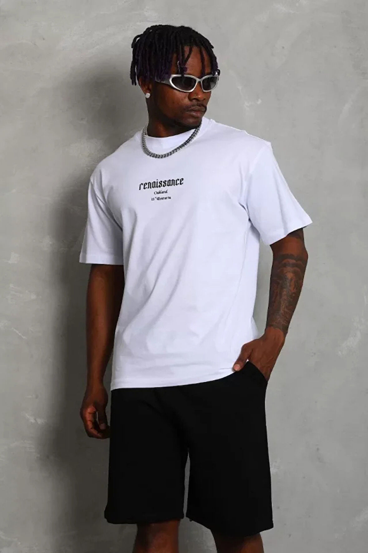 Unisex Oversize Baskılı Bisiklet Yaka Thirt  Beyaz