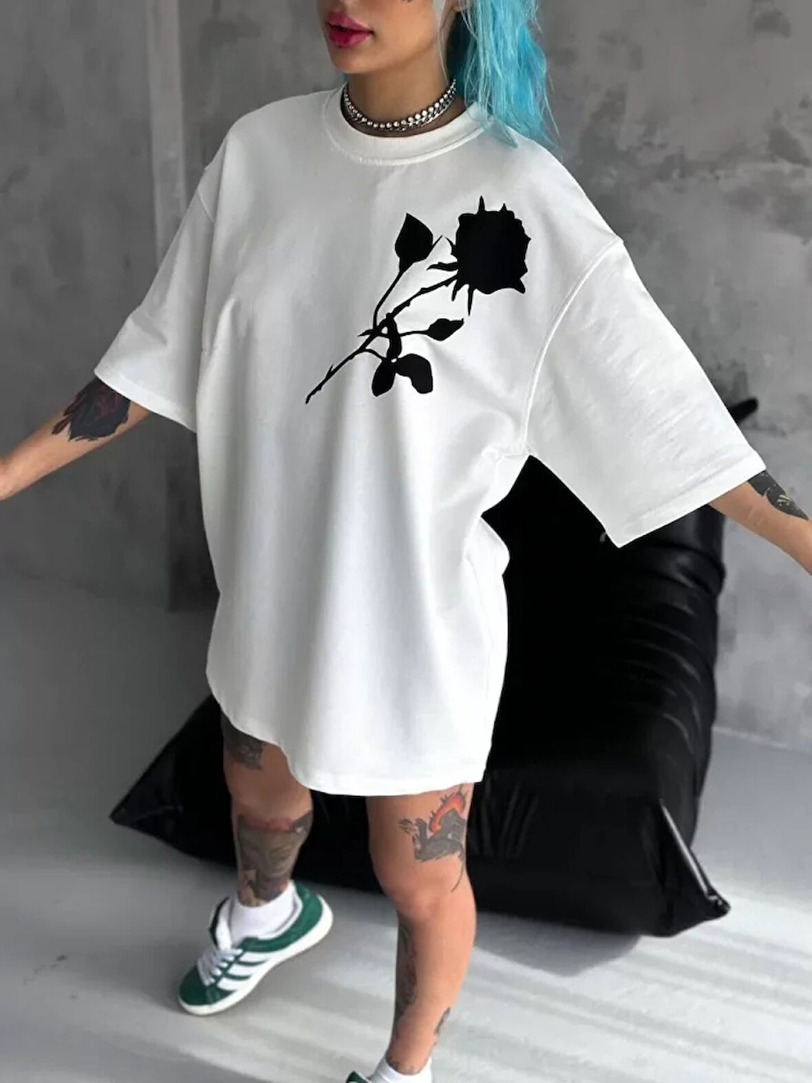 Unisex Bisiklet Yaka Baskılı Oversize Thirt  Beyaz