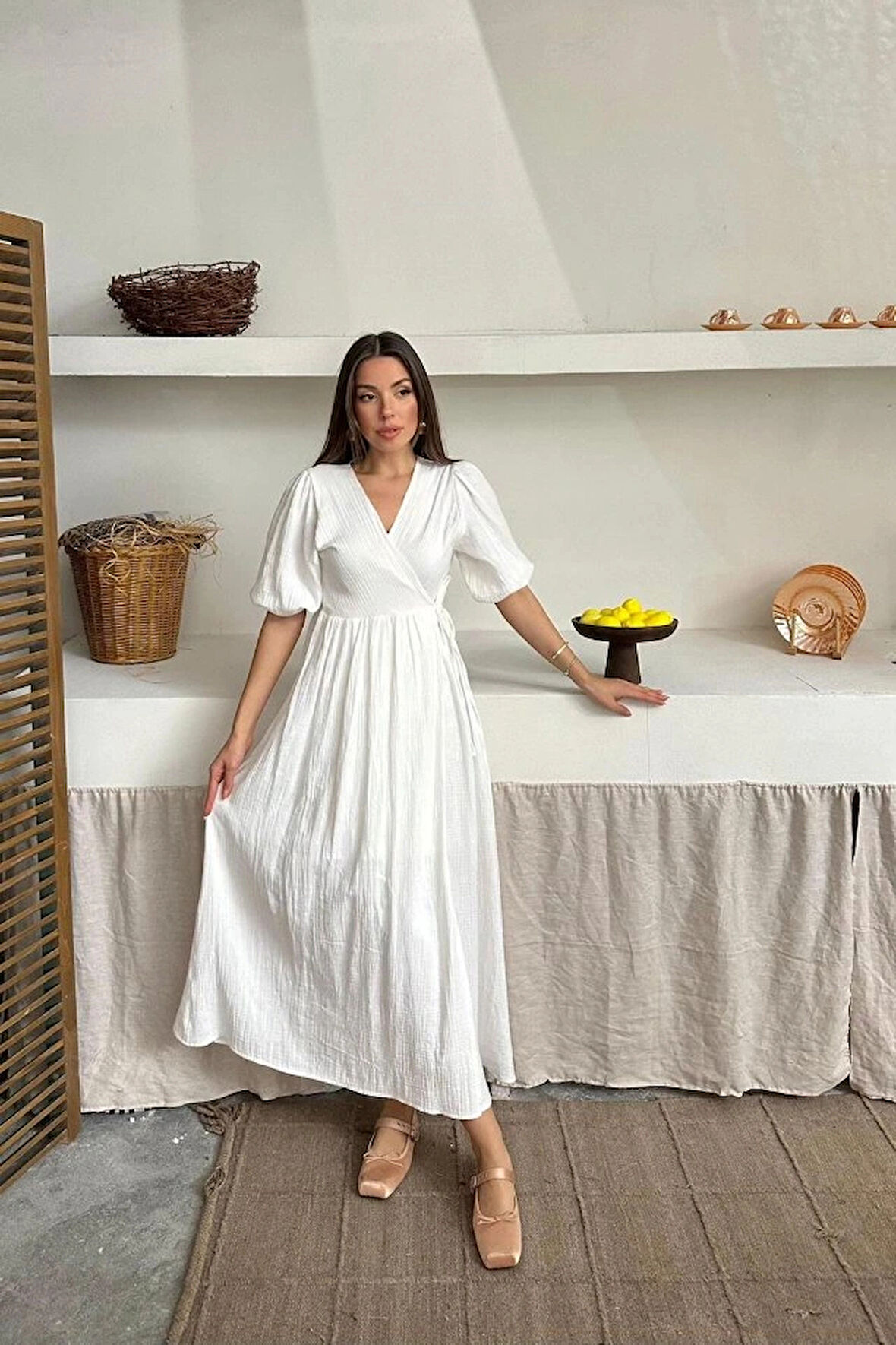 Ekru Müslin Uzun Elbise