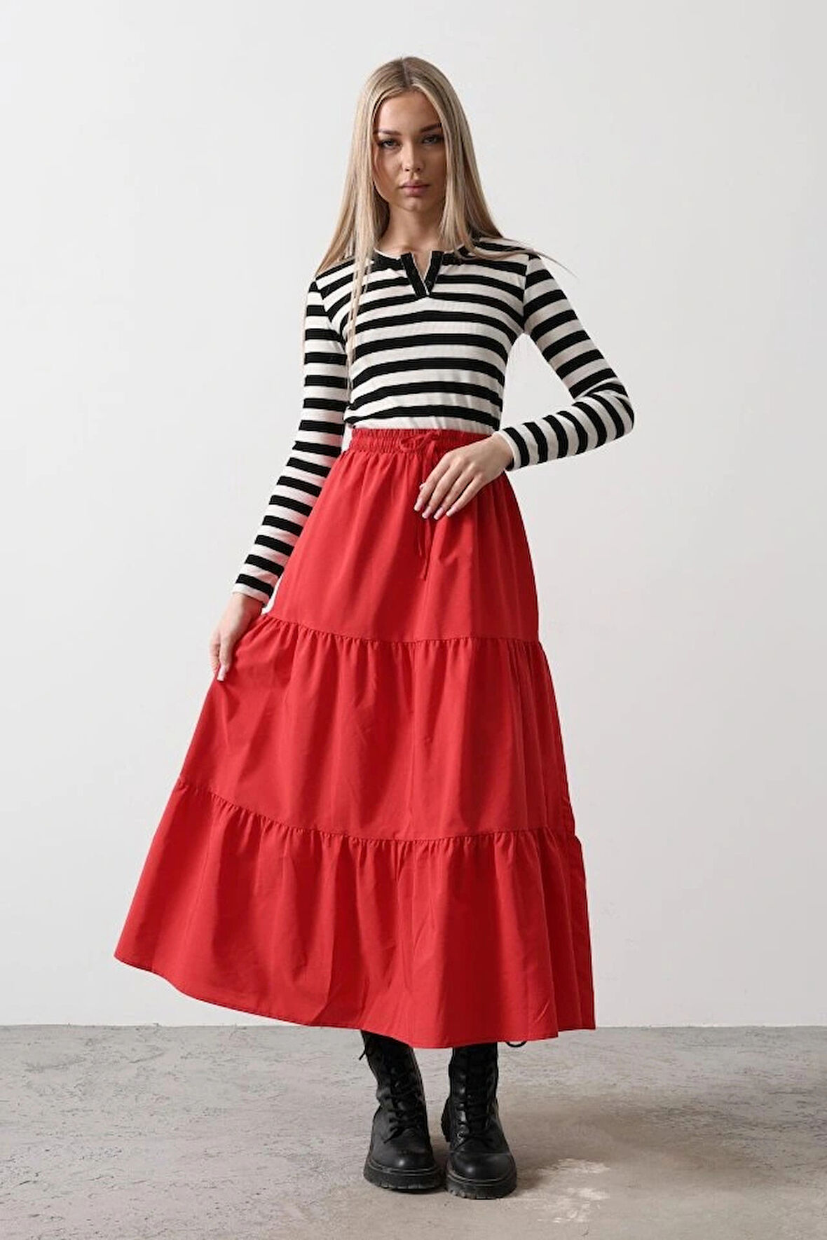 Pamuklu Beli Lastikli Etek  Kırmızı