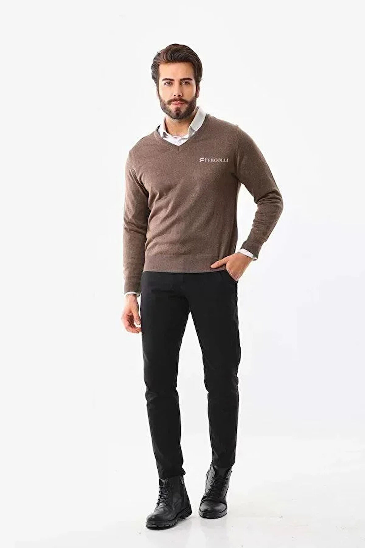 Baskılı V Yaka Uzun Kol Dokuma Triko  Kahve