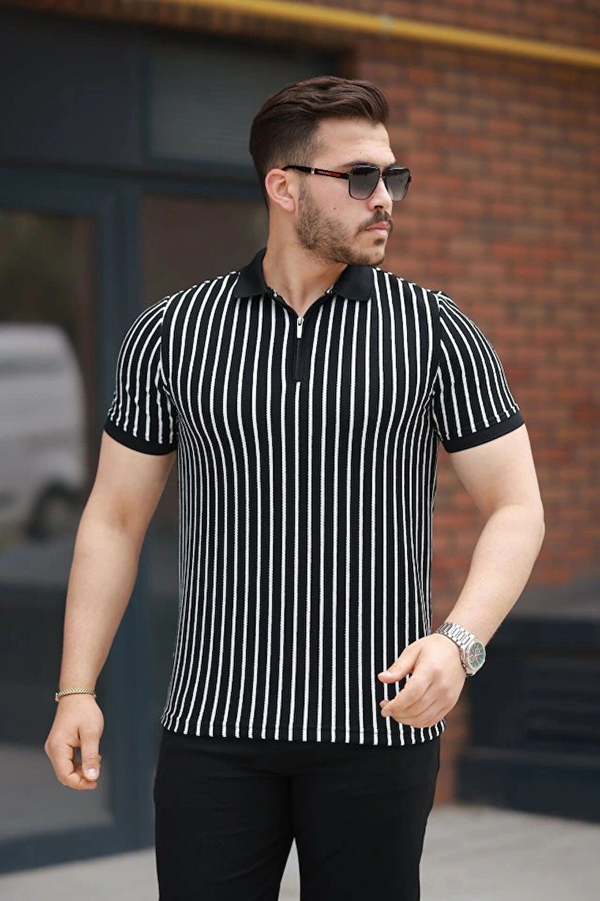 Erkek çizgili Fermuar Yakalı Kısa Kollu Tişört