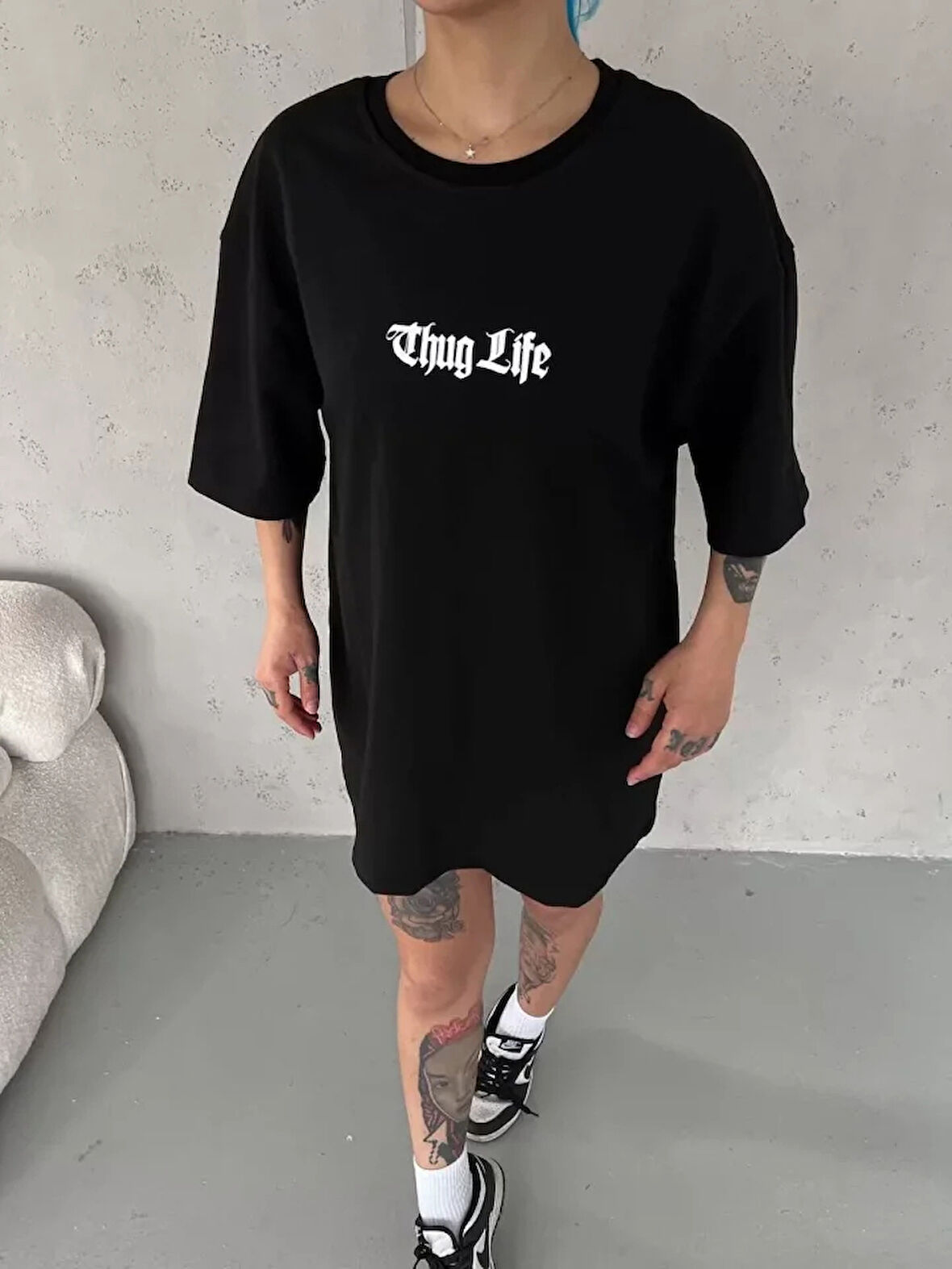 Unisex Bisiklet Yaka Baskılı Oversize Thirt  iyah