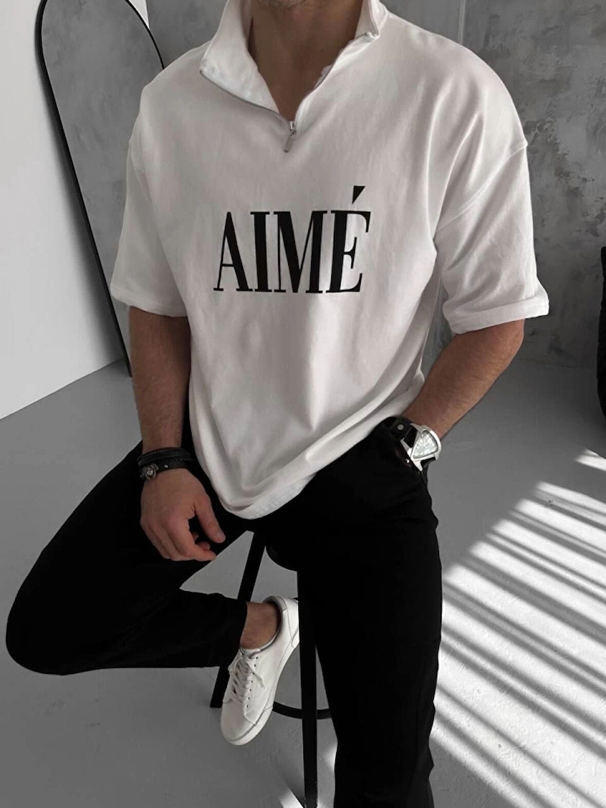 Unisex Yarım Fermuarlı Baskılı Thirt  Beyaz