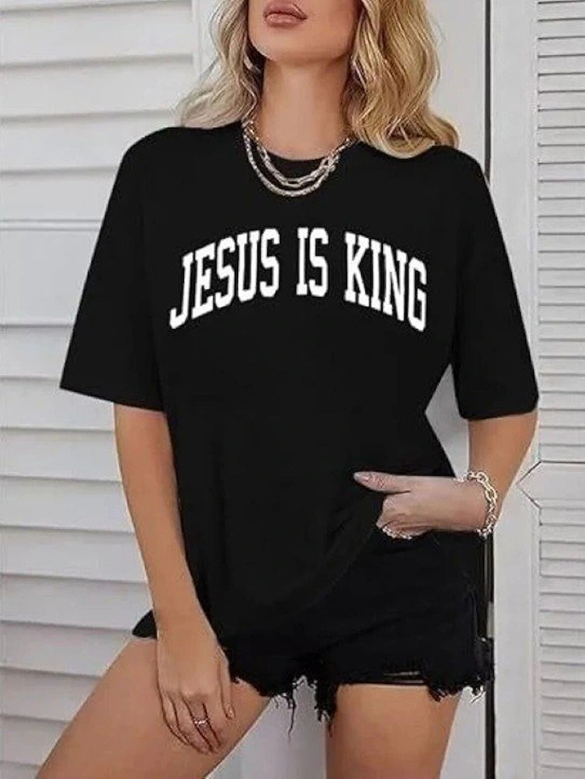 Kadın Bisiklet Yaka Kısa Kol Baskılı Tshirt  iyah