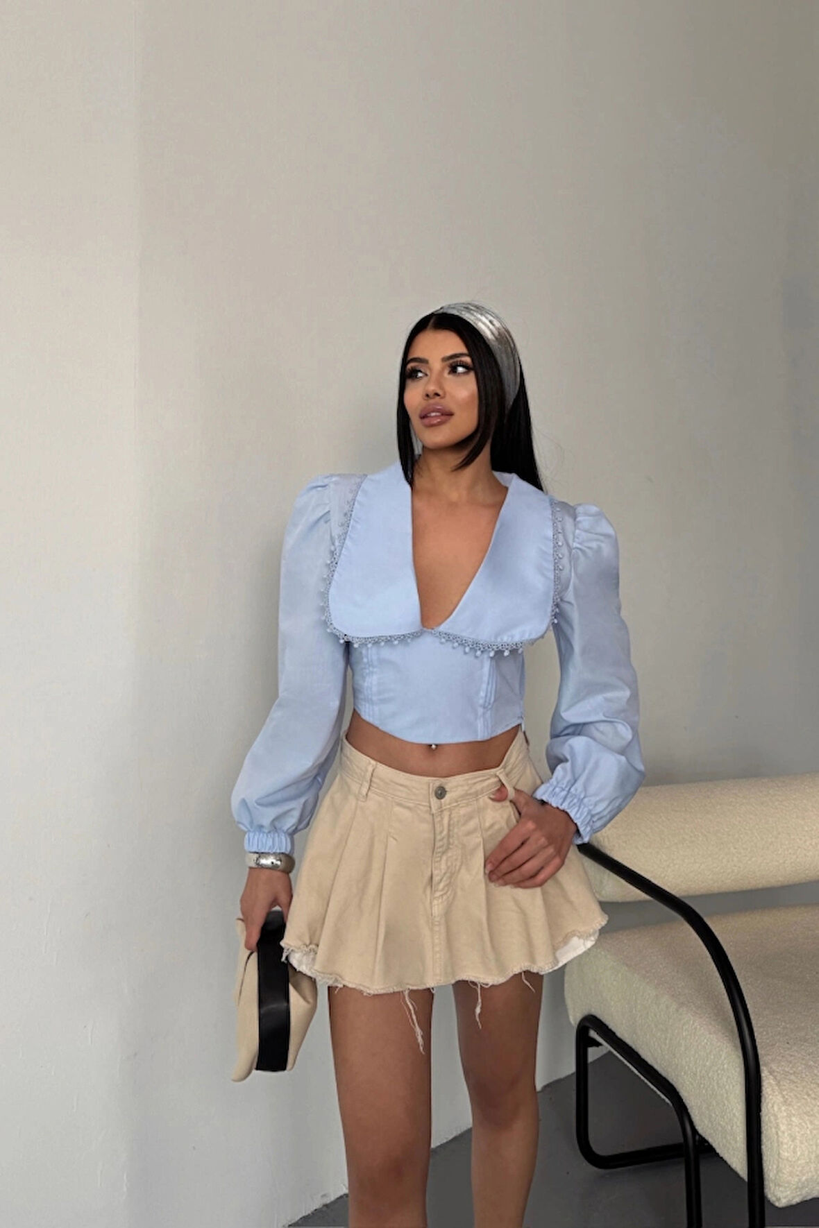 CROP POPİN GÖMEK YAKA KENAR DANTE DETAYI  Bebe Mavi