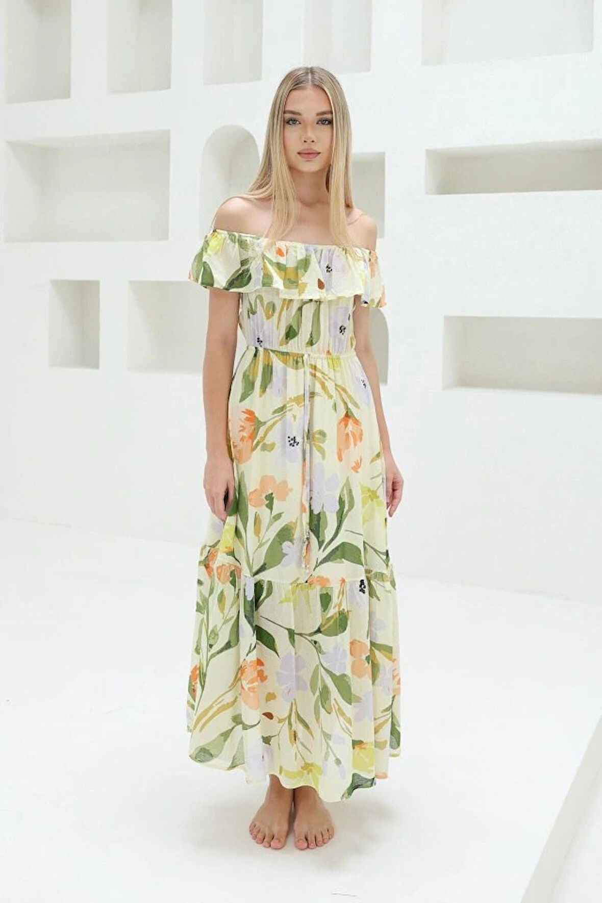 adonna Yaka Elbise  Yeşil  Ekru