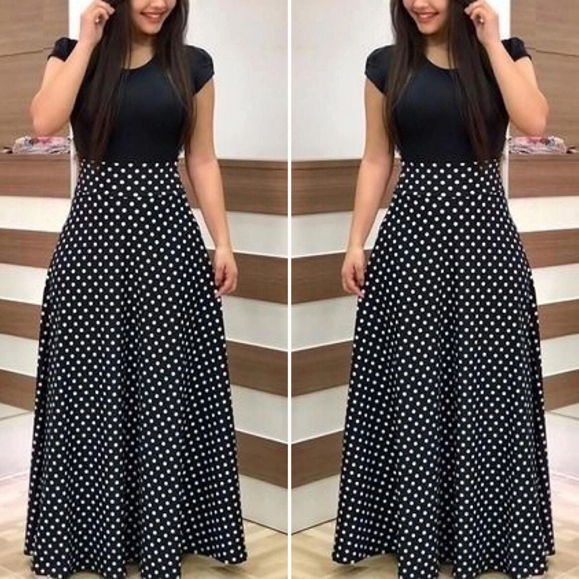 Kadın Kısa Kollu Puan Desen Tam Boy Krep Elbise