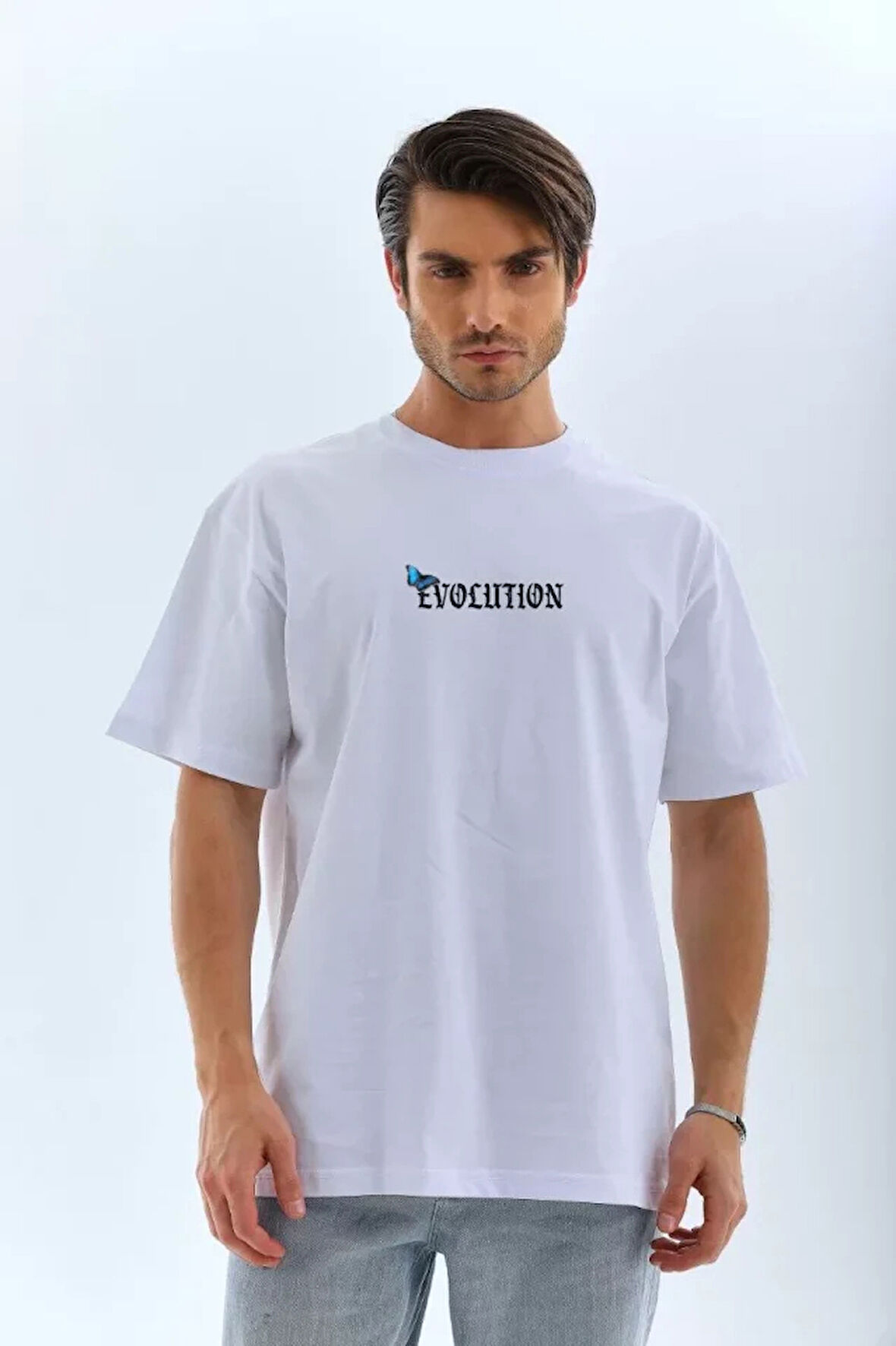 Unisex Bisiklet Yaka Baskılı Oversize Thirt  Beyaz