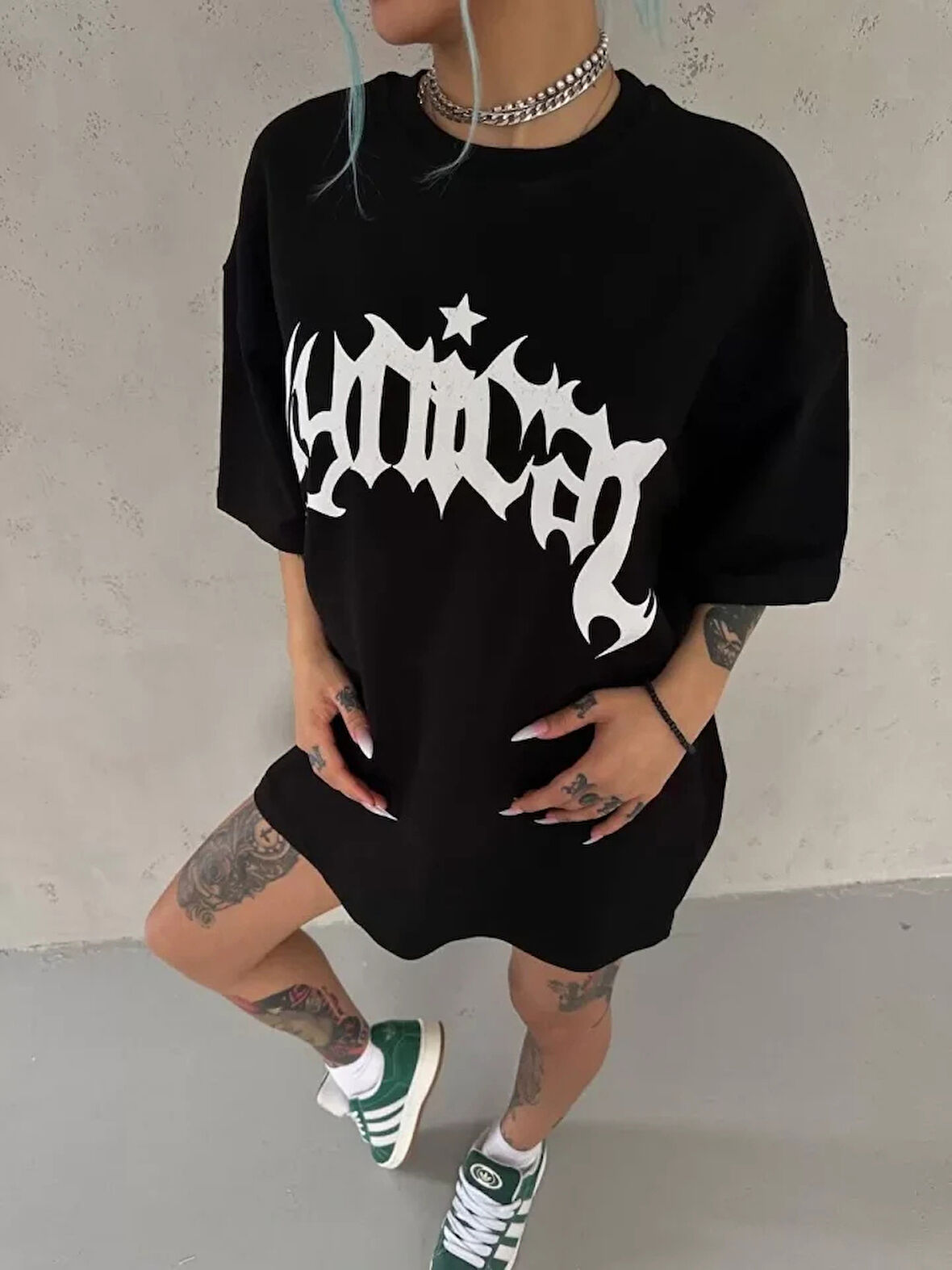 Unisex Bisiklet Yaka Baskılı Oversize Thirt  iyah