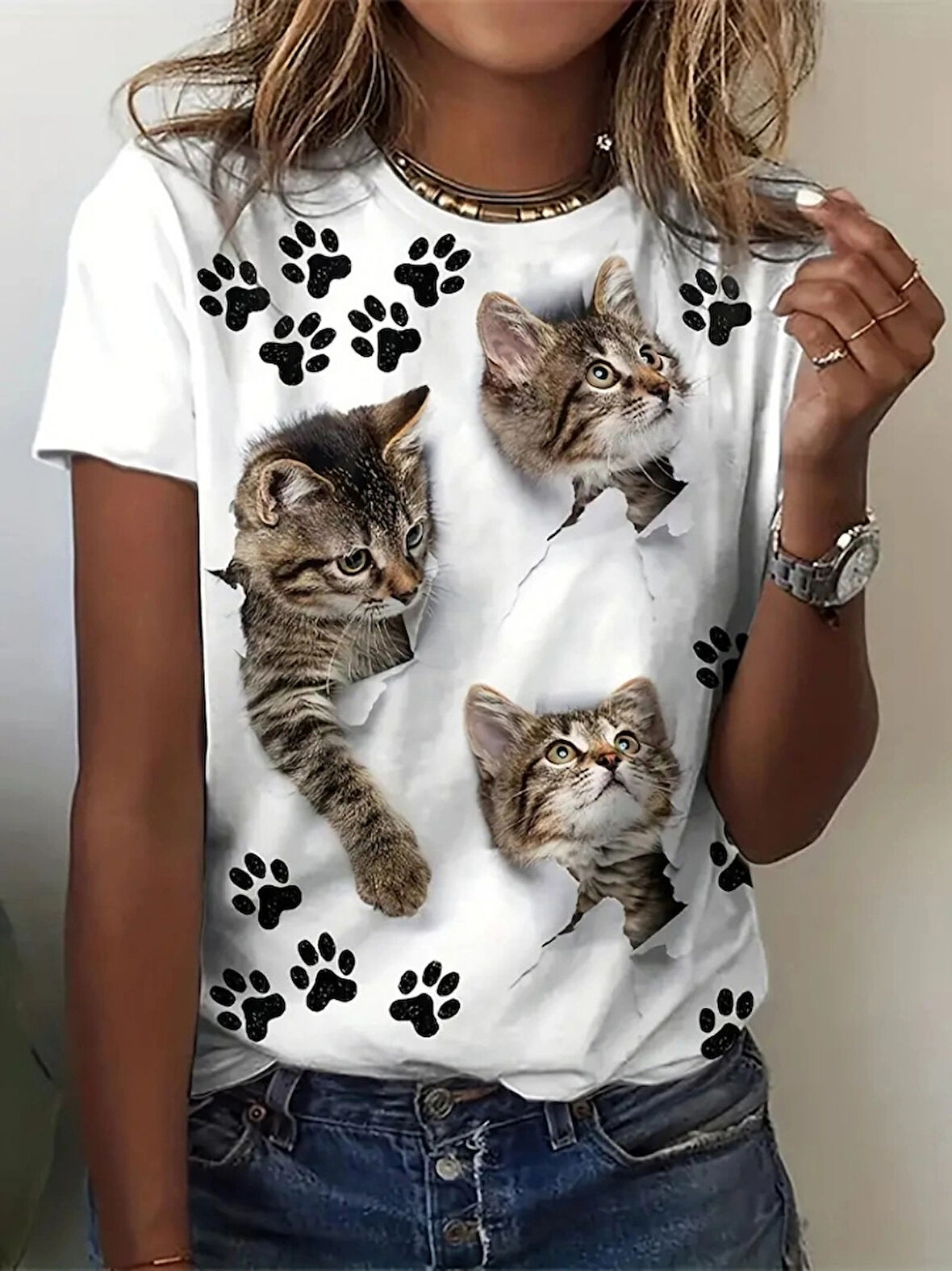 Kadın Kısa Kollu Kedi Ve Pati Baskılı Süprem Tshirt