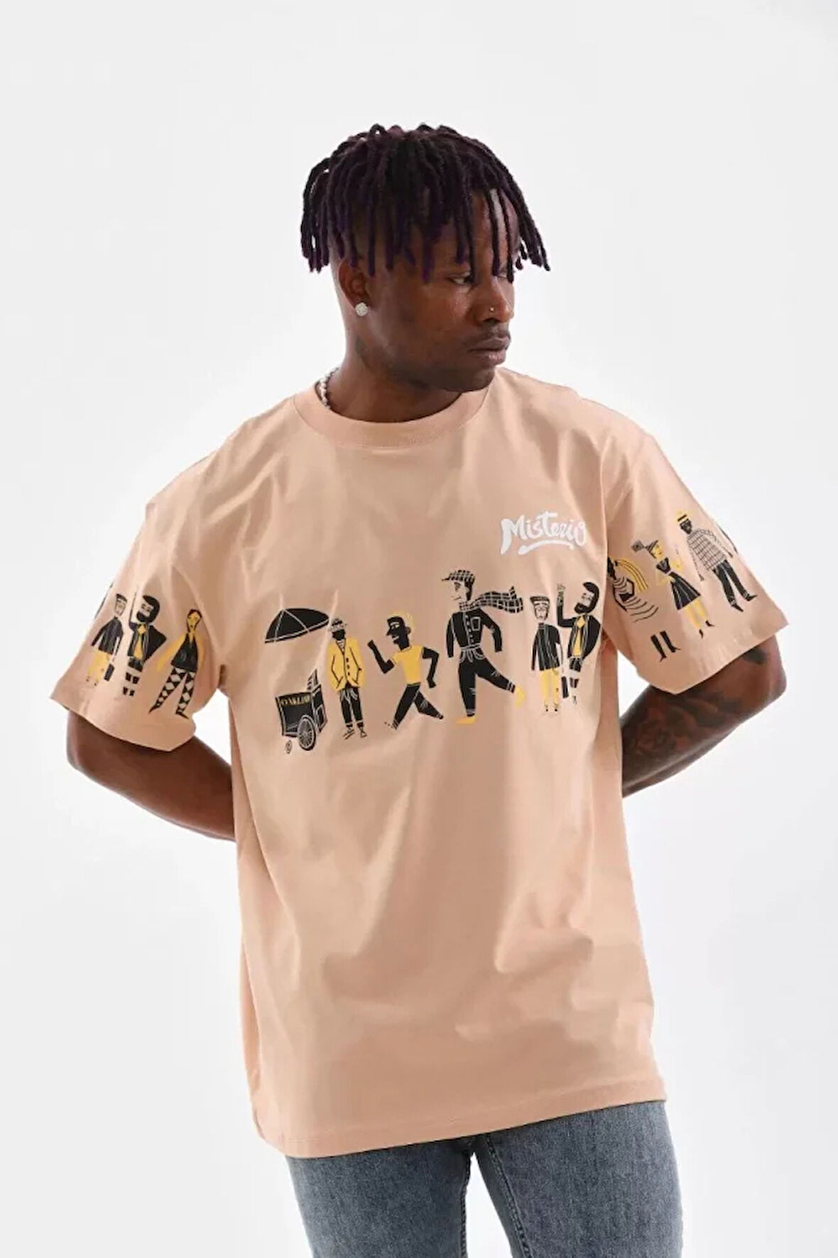 Unisex Bisiklet Yaka Baskılı Oversize Thirt  Bej