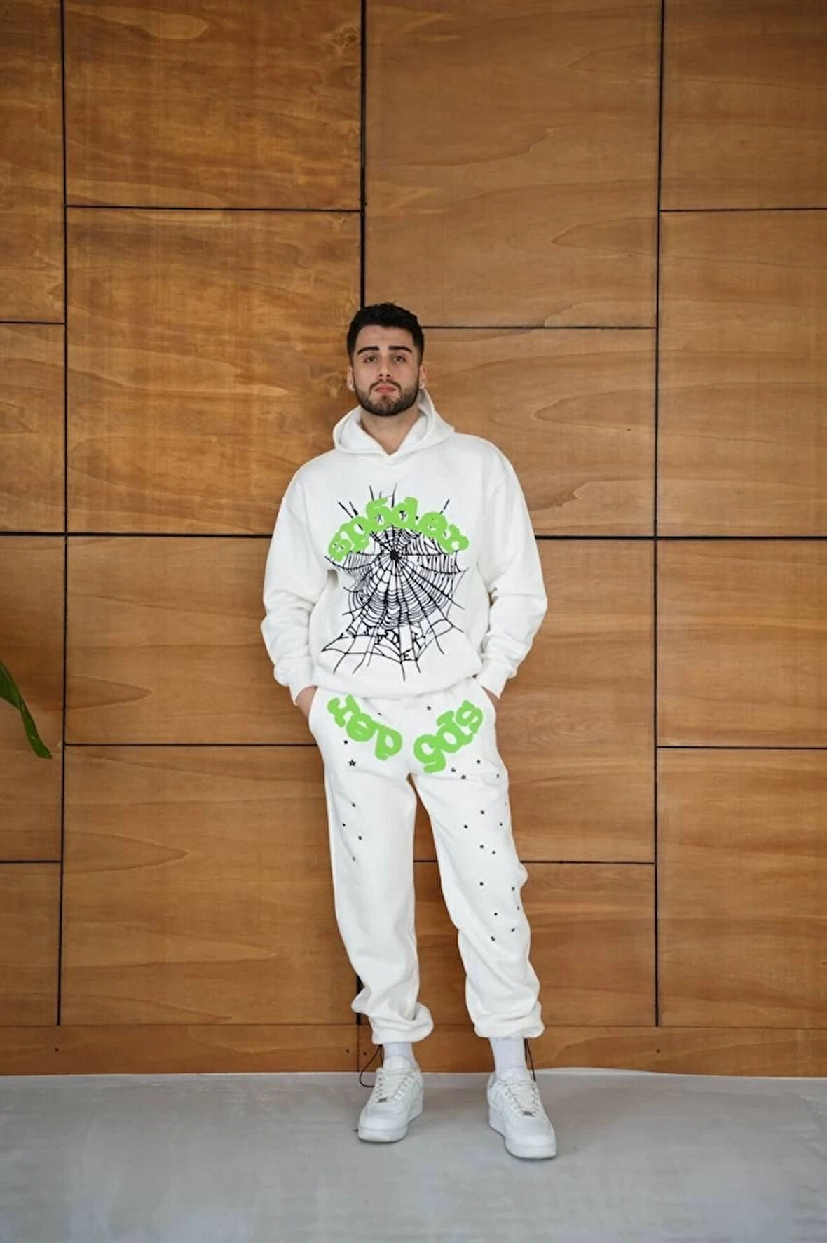 Erkek Kapüşonlu Eşofman Takım Örümcek Ağı Ve Neon Yeşil Baskılı Kanguru Cepli Oversize Rahat Kalıp, Premium Üç İplik Kumaş  Beyaz