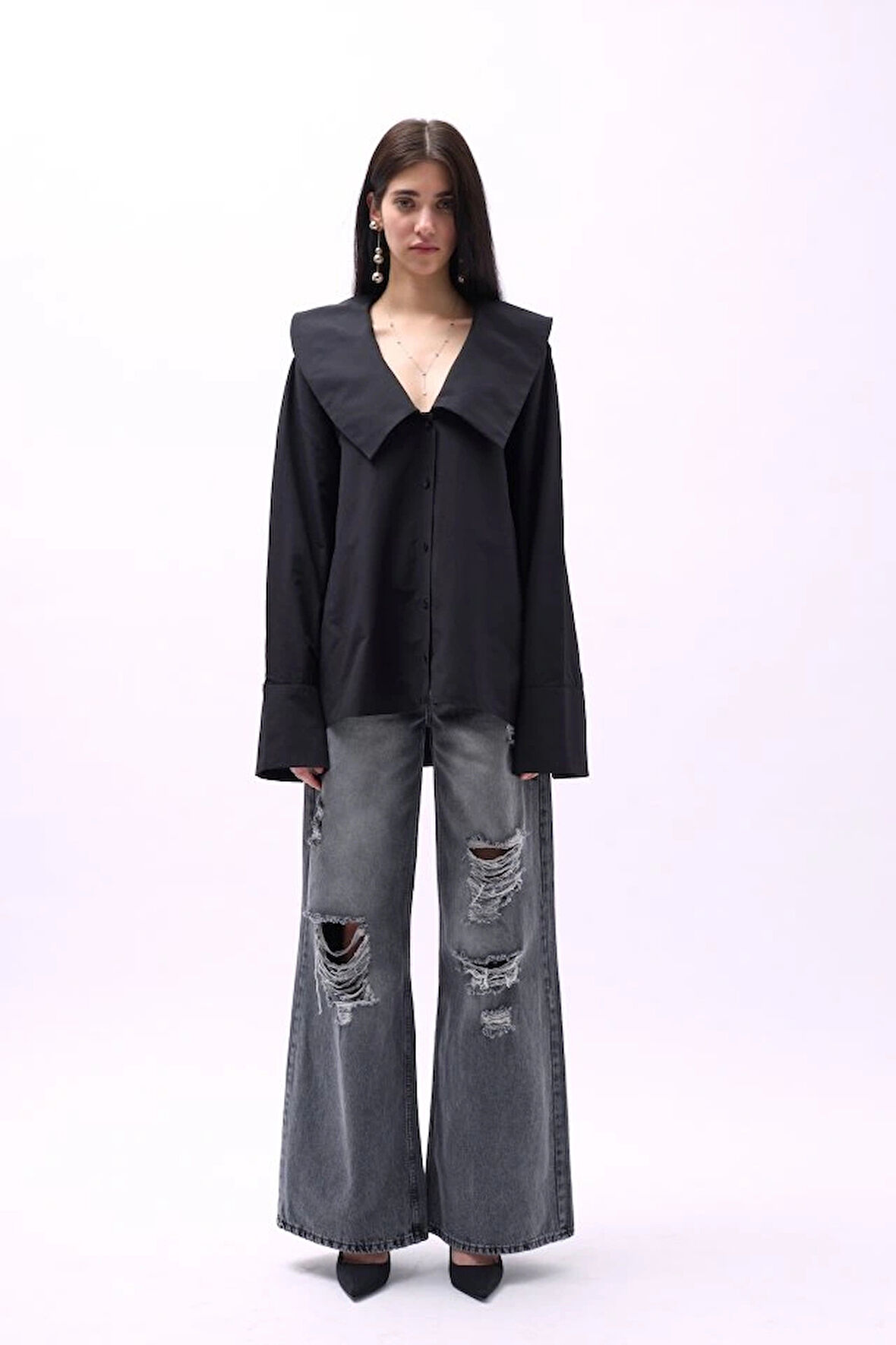 Geniş Yaka Volan Kol Gömlek