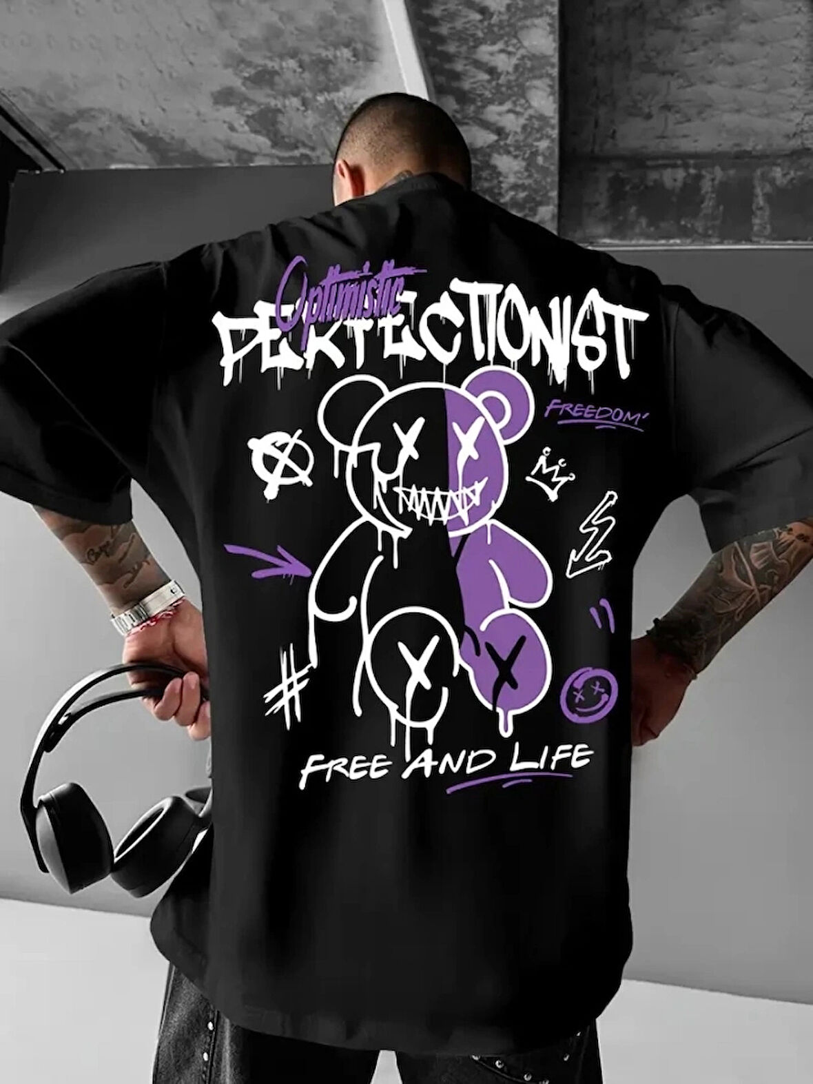 Baskılı Oversize Bisiklet Yaka Tshirt  iyah