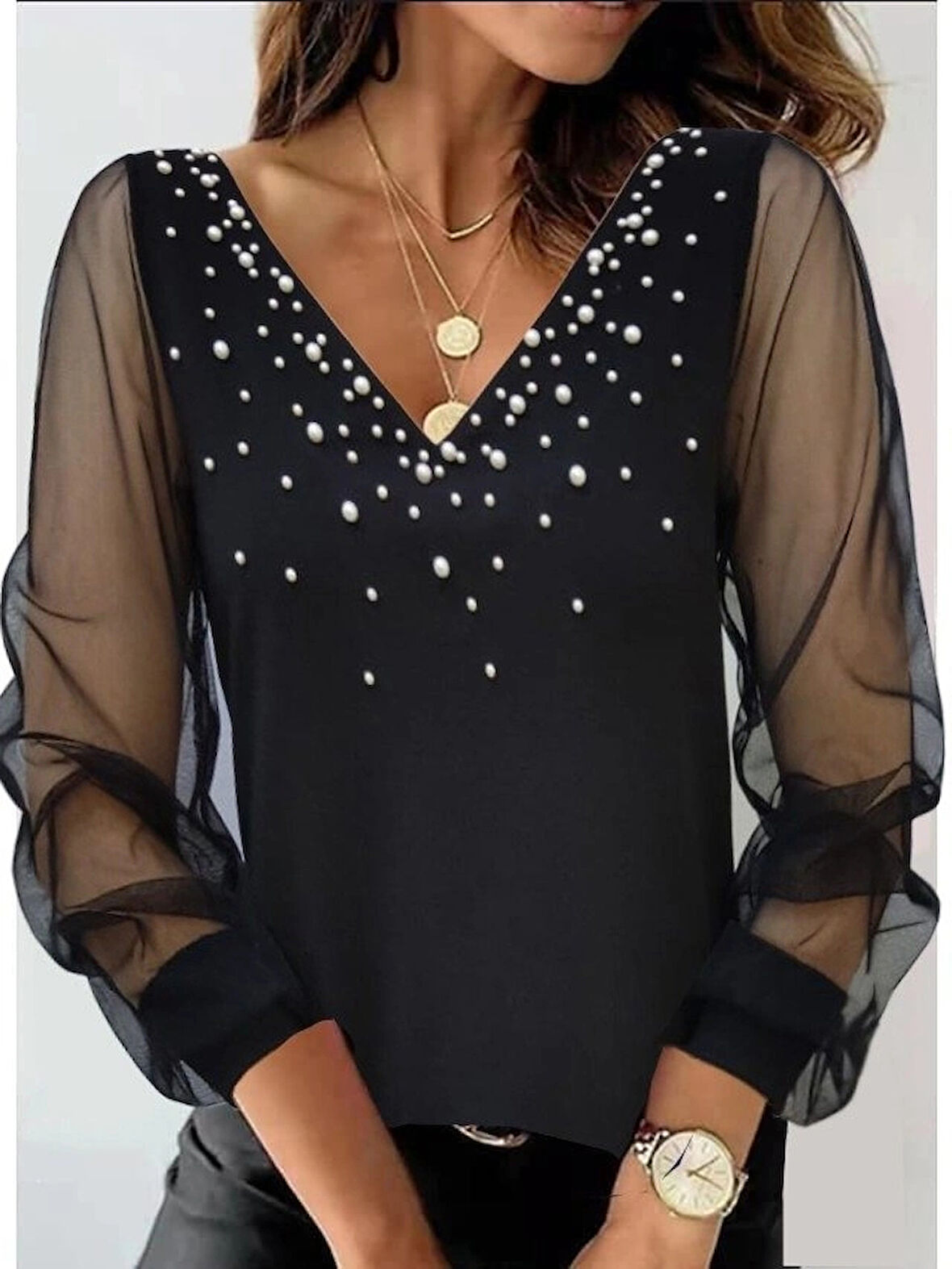 Kadın Uzun Kollu V Yaka Kolları Tül Yaka Kenarı Ve Göğüs Inci Detay Krep Bluz