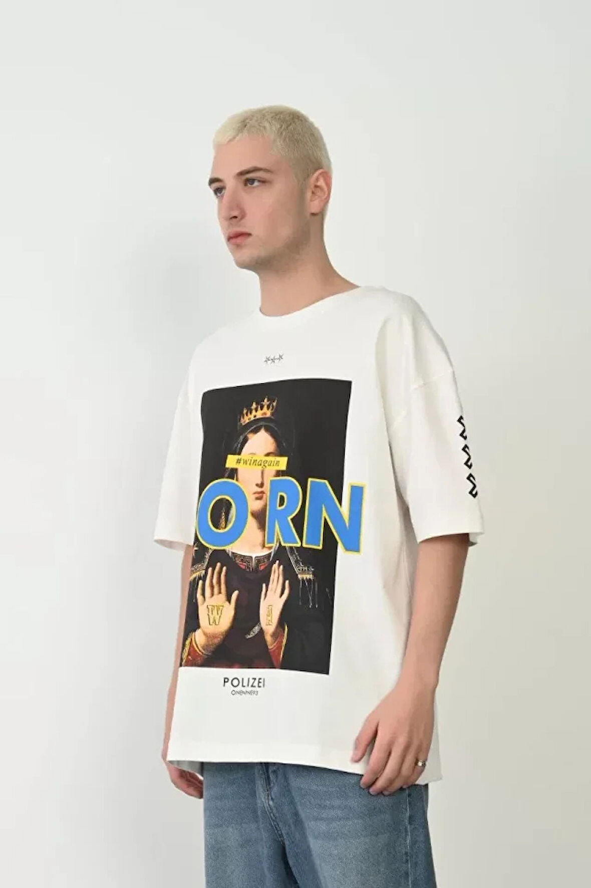 Unisex Baskılı Bisiklet Yaka Oversize Thirt  Beyaz