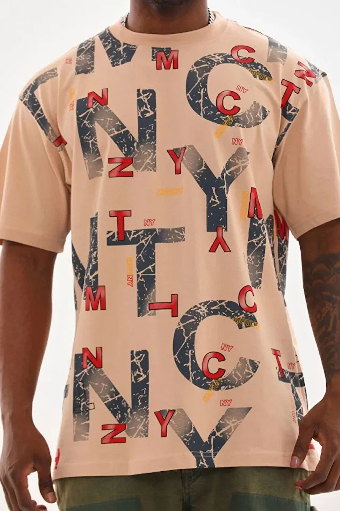 Unisex Baskılı Oversize Thirt  Bej