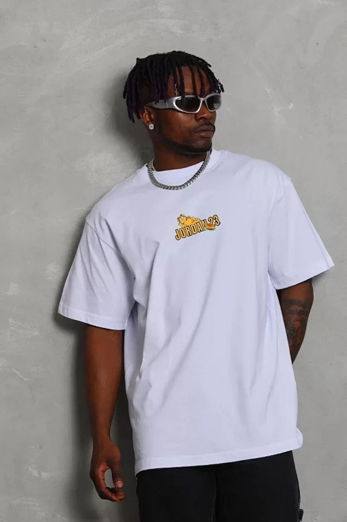 Unisex Bisiklet Yaka Baskılı Oversize Thirt  Beyaz