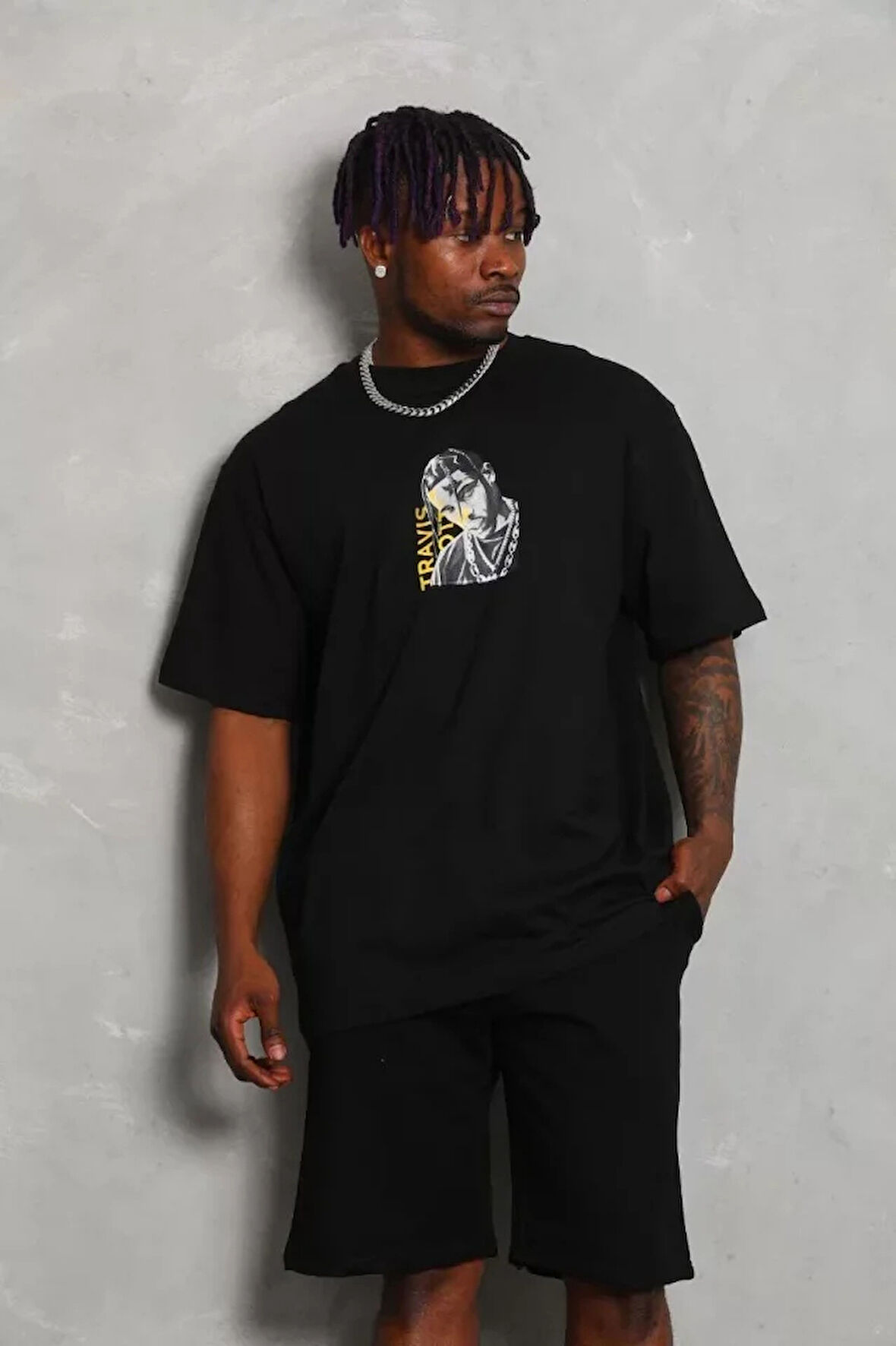 Unisex Oversize Baskılı Bisiklet Yaka Thirt  iyah