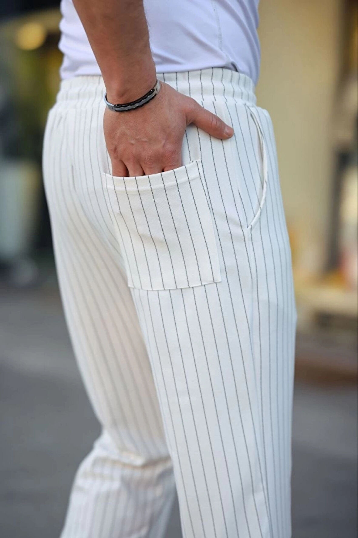 Erkek Cizgili Dokuma Krep Jogger Buggy Pantalon Rahat Kalıp  Beyaz