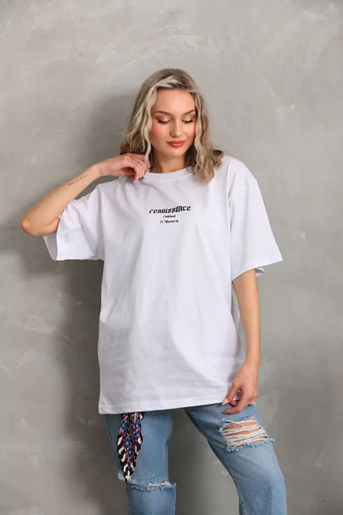 Unisex Baskılı Oversize Thirt  Beyaz