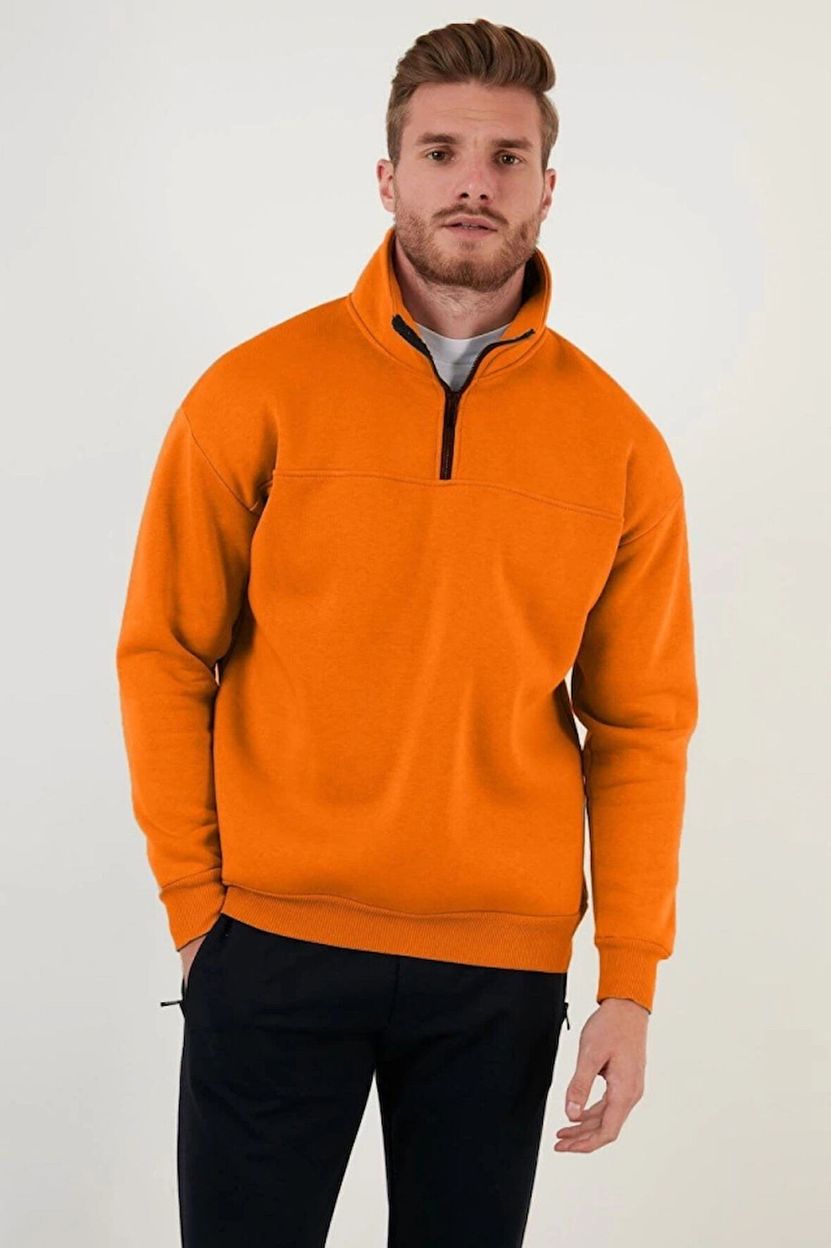 Oversize Yarım Farmuarlı Yakalı Basic SweatShirt  Turuncu