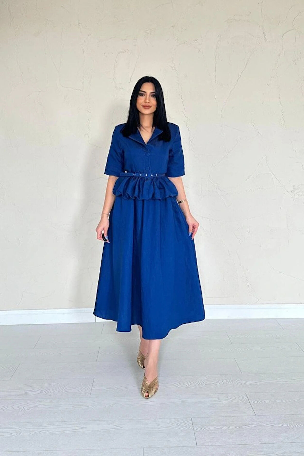 acivert İnce Kemerli Fırfırlı Ceket Ve Büzgülü Etek Takım