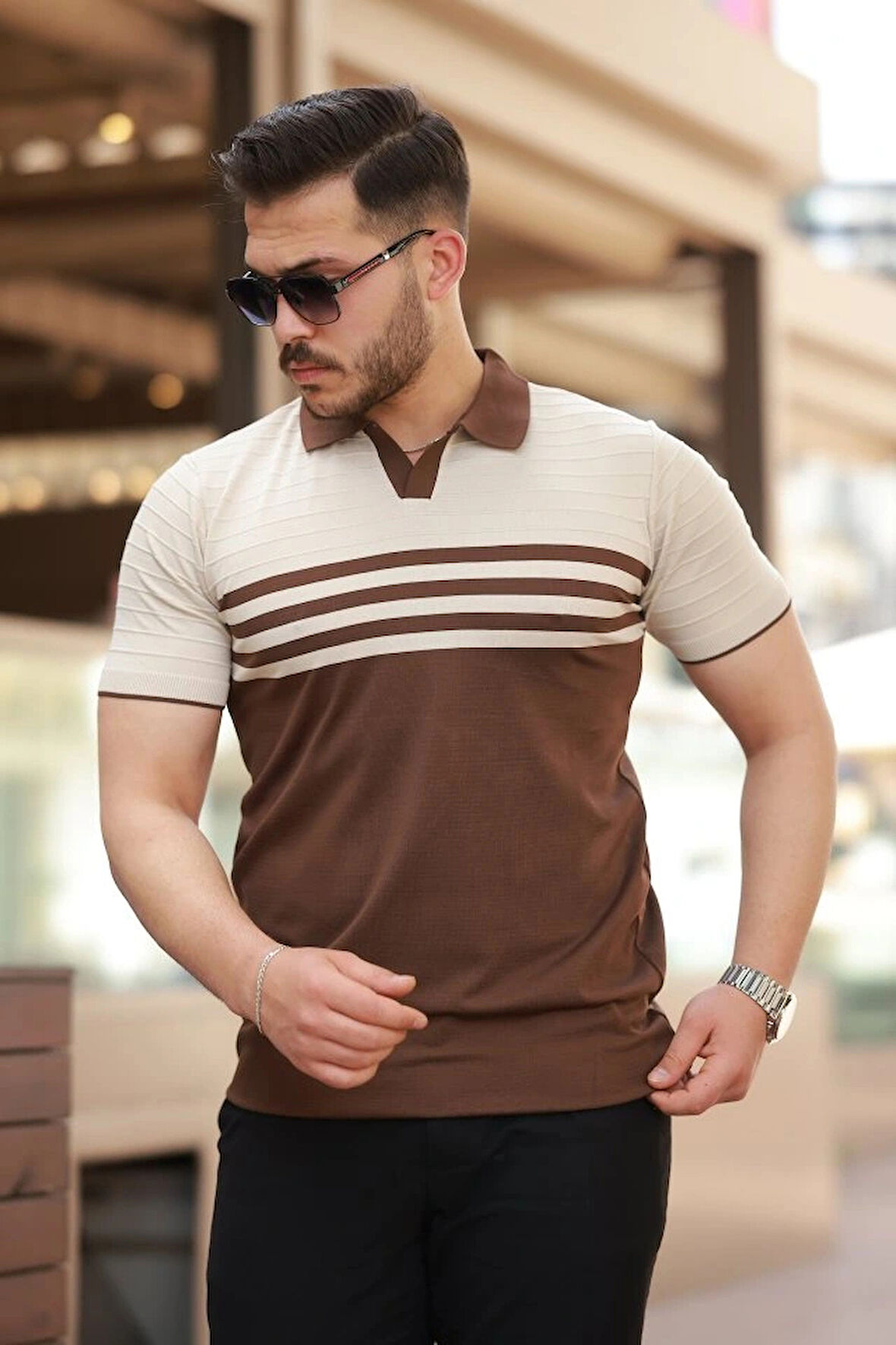 Erkek çizgi Desenli Yakalı Kısa Kollu Tshirt