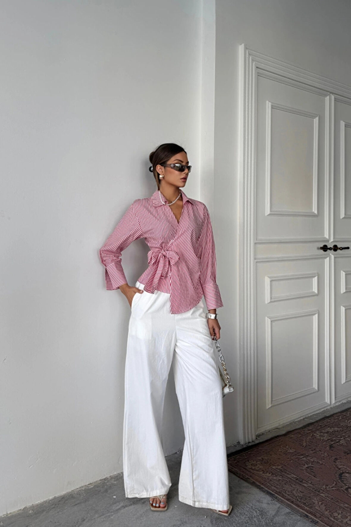 ÇİZGİLİ POPLİN KRUVAZE BAĞLAMALI GÖMLEK  Kırmızı