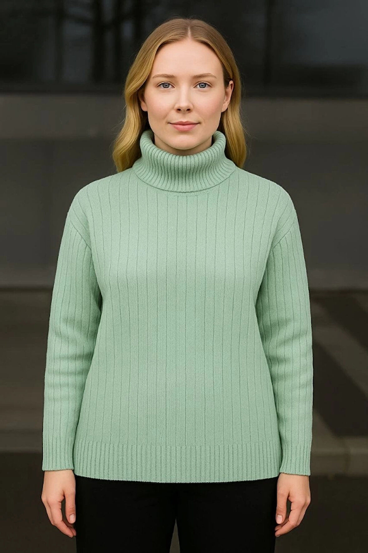 Balıkcı Yaka Bağazlı Triko Kazak Pamuklu Kalın Fitilli Dokuma  int Yeşili