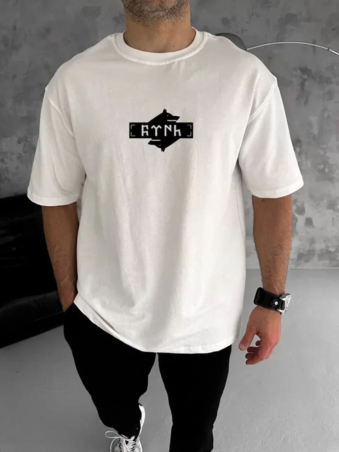 Unisex Bisiklet Yaka Baskılı Double Oversize Thirt  Beyaz