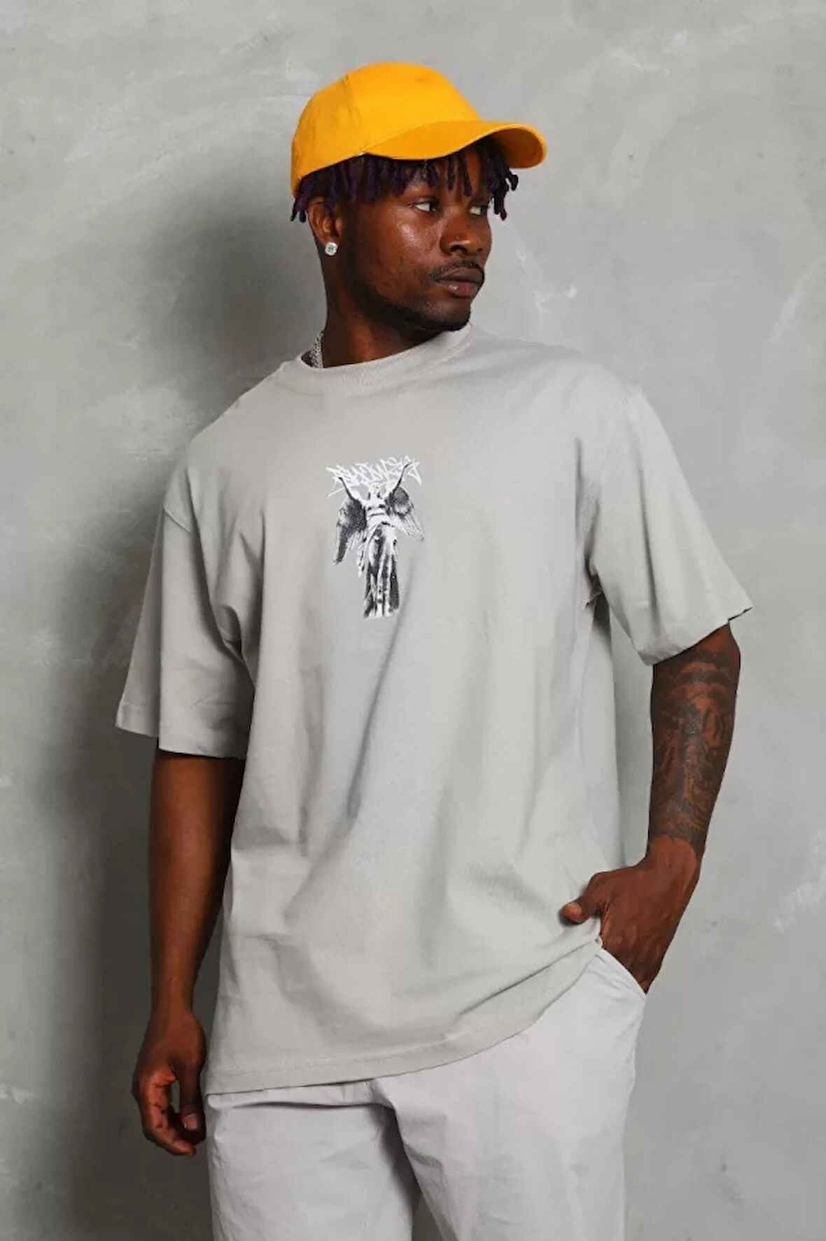 Unisex Oversize Baskılı Bisiklet Yaka Thirt  Gri