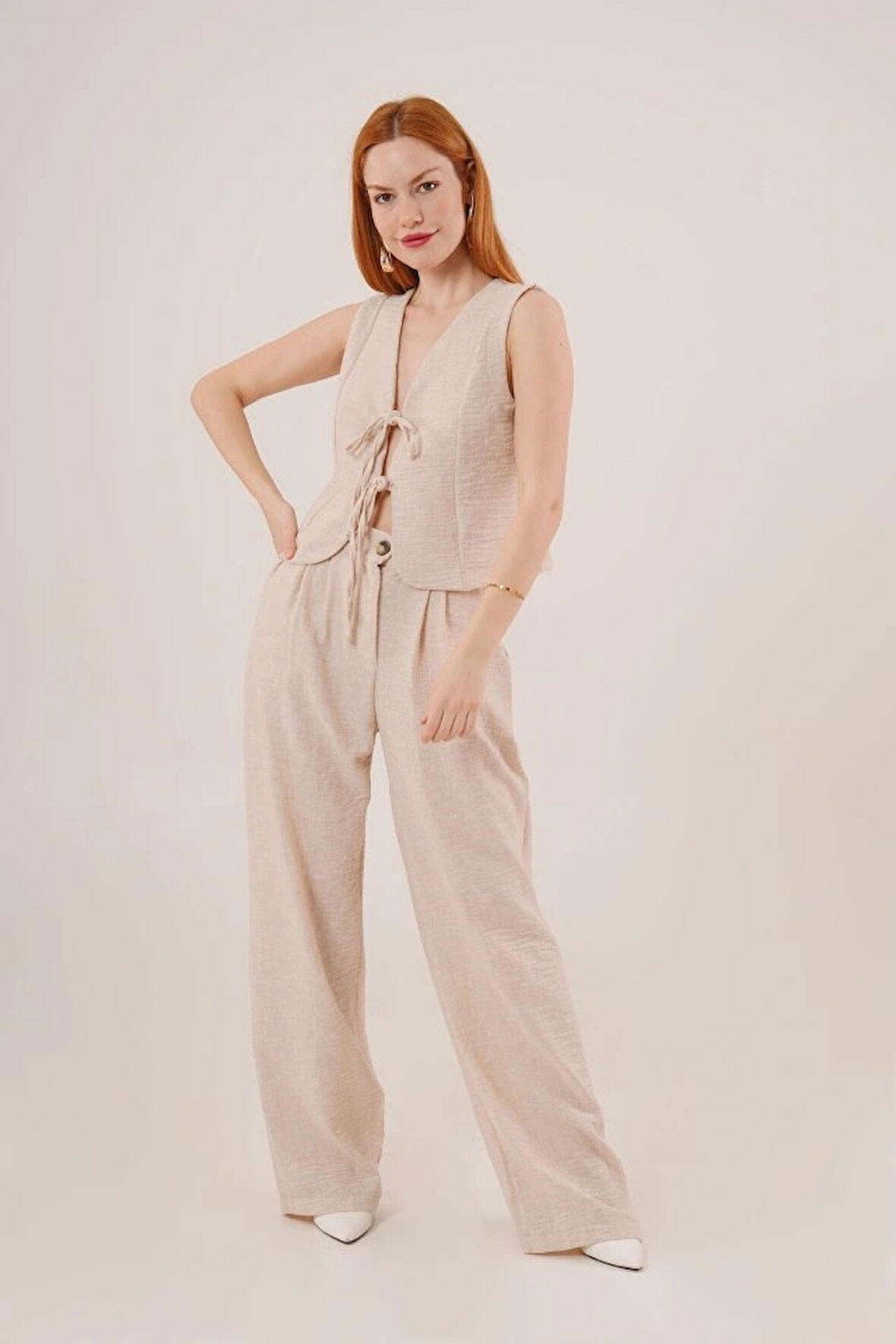 Ön Bağlama Detaylı Yelek Ve Pantolon Taş İkili Takım