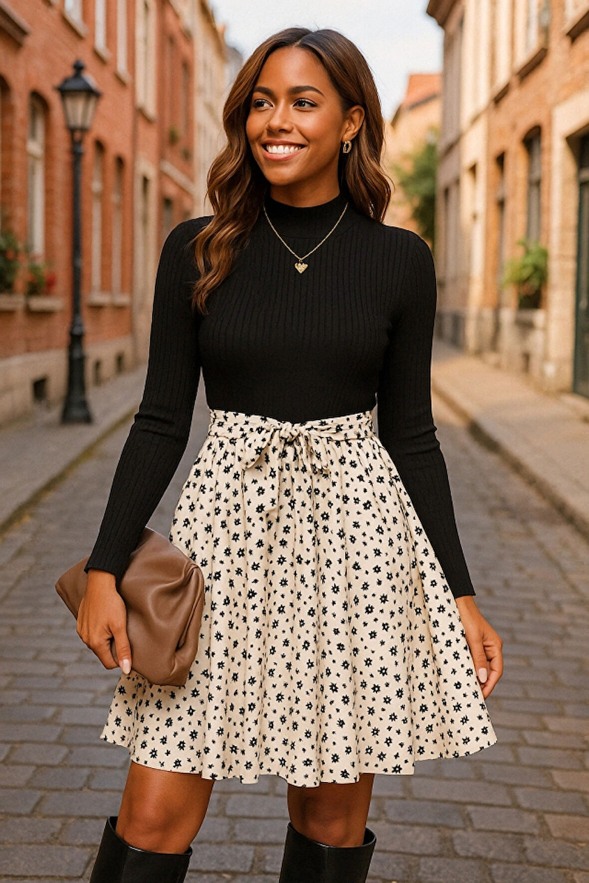 Kadın Uzun Kollu Balıkçı Yaka Belden Bağlamalı üst Kaşkorse Eteği Dalgıç Kısa Elbise