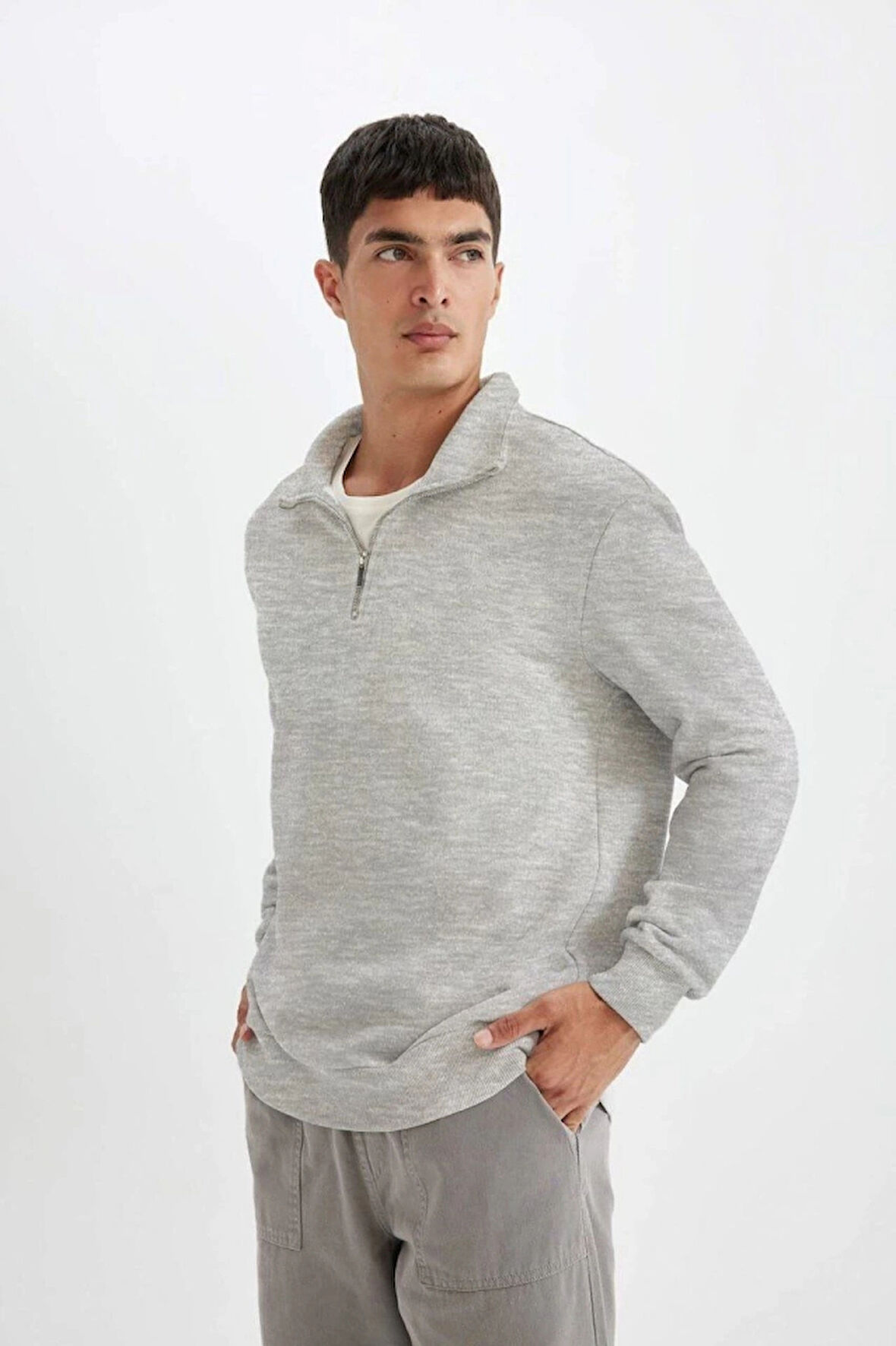 Unisex Uzun Kol Yarım Farmuarlı Yakalı Basic weathirt  Gri