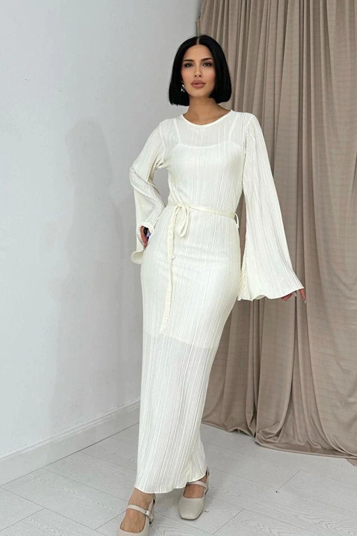 Ekru İspanyol Kol Piliseli Elbise