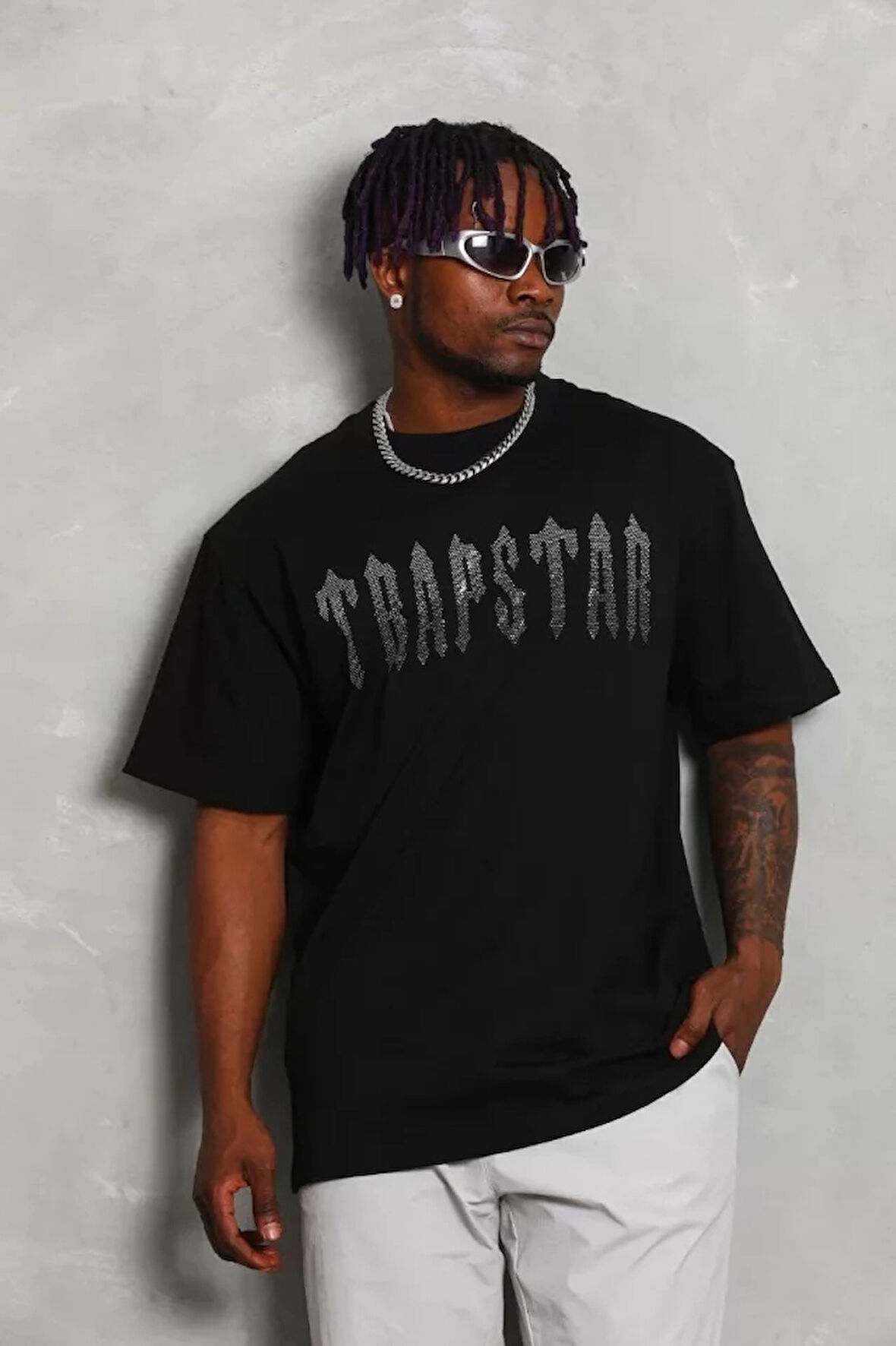 Unisex Oversize Taşlı Bisiklet Yaka Thirt  iyah