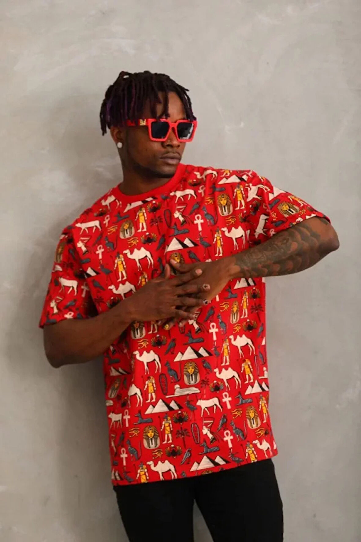 Unisex Oversize Baskılı Bisiklet Yaka Thirt  Kırmızı