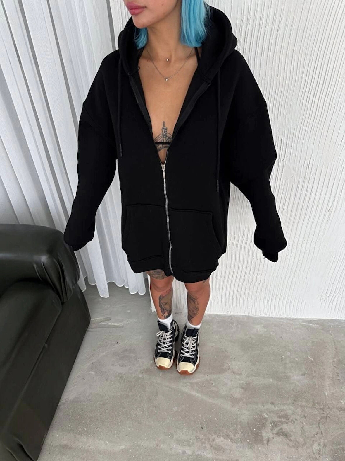 Oversize Tam Fermuarlı Uzun Kol Hırka  iyah